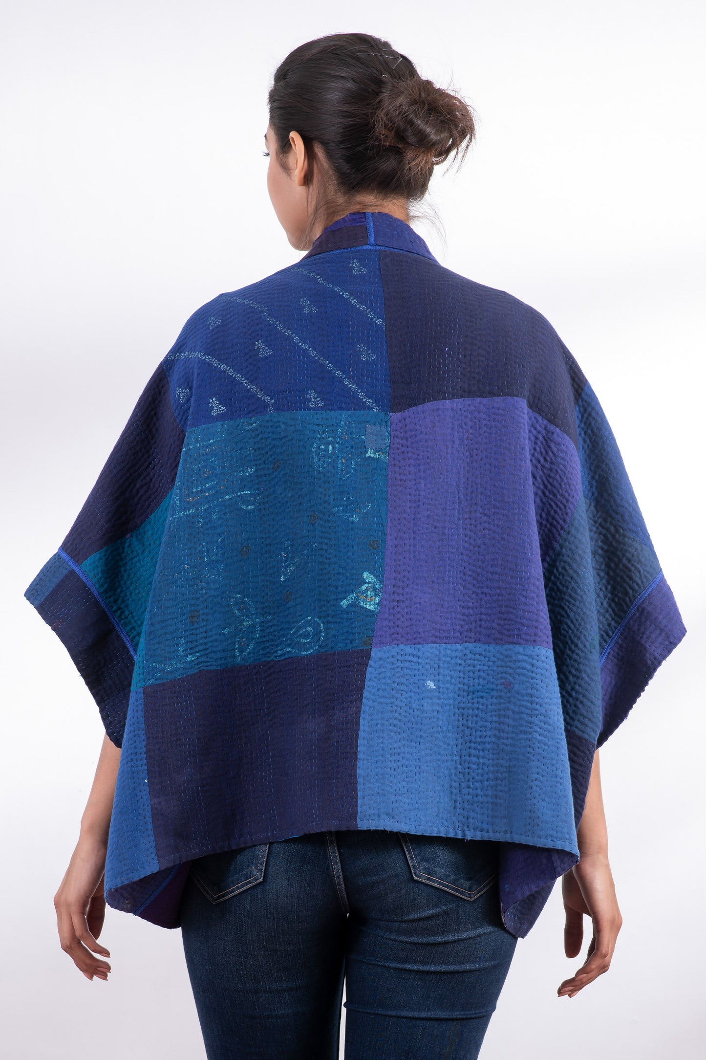 STRIPE AND CHECK COTTON SILK PATCH KANTHA MINI PONCHO