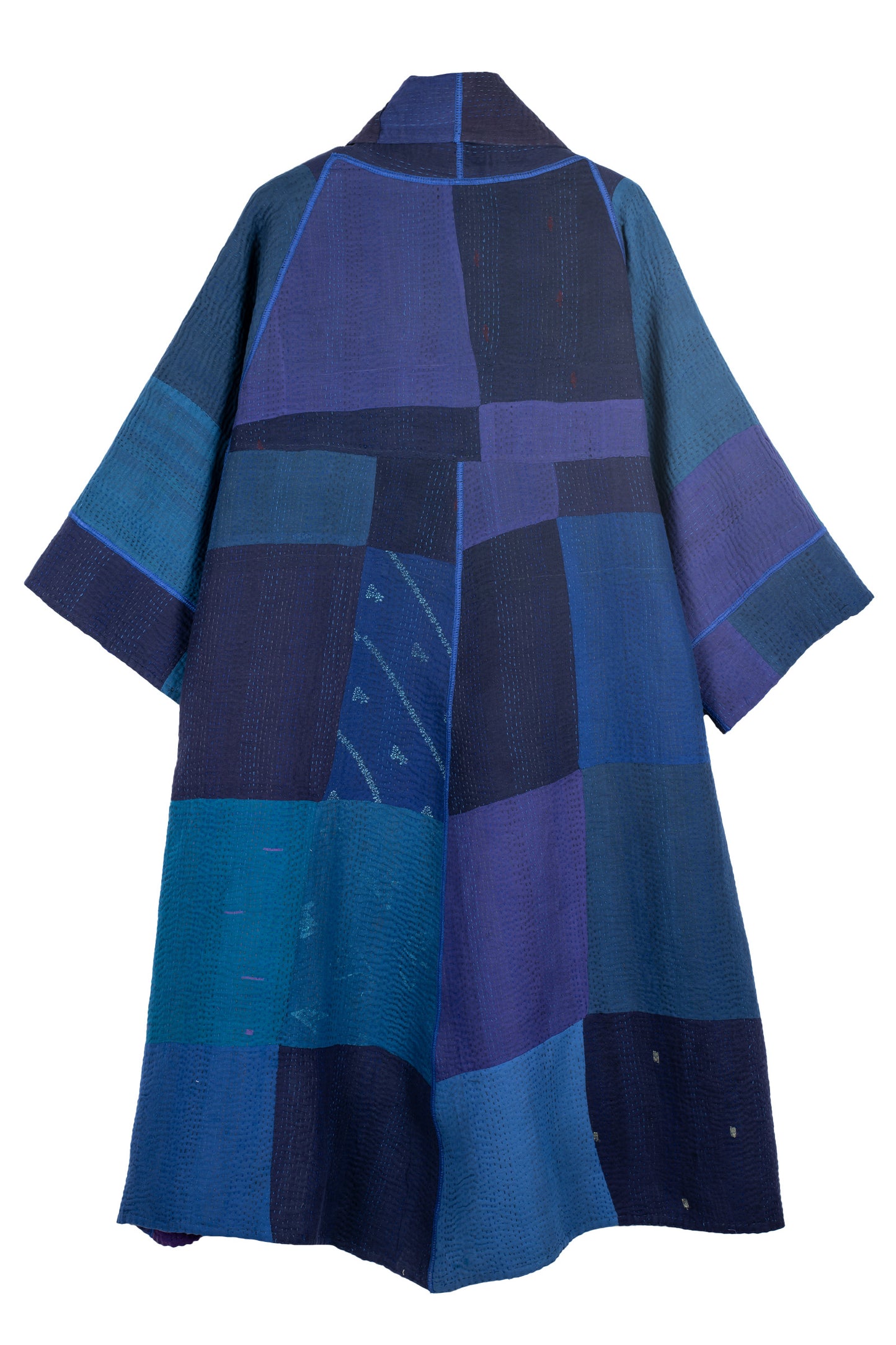 STRIPE AND CHECK COTTON SILK PATCH KANTHA 3/4 SLV. A-LINE DUSTER - ss4324-blu -