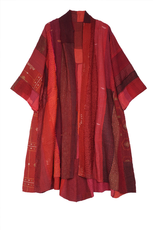 STRIPE AND CHECK COTTON SILK PATCH KANTHA 3/4 SLV. A-LINE DUSTER