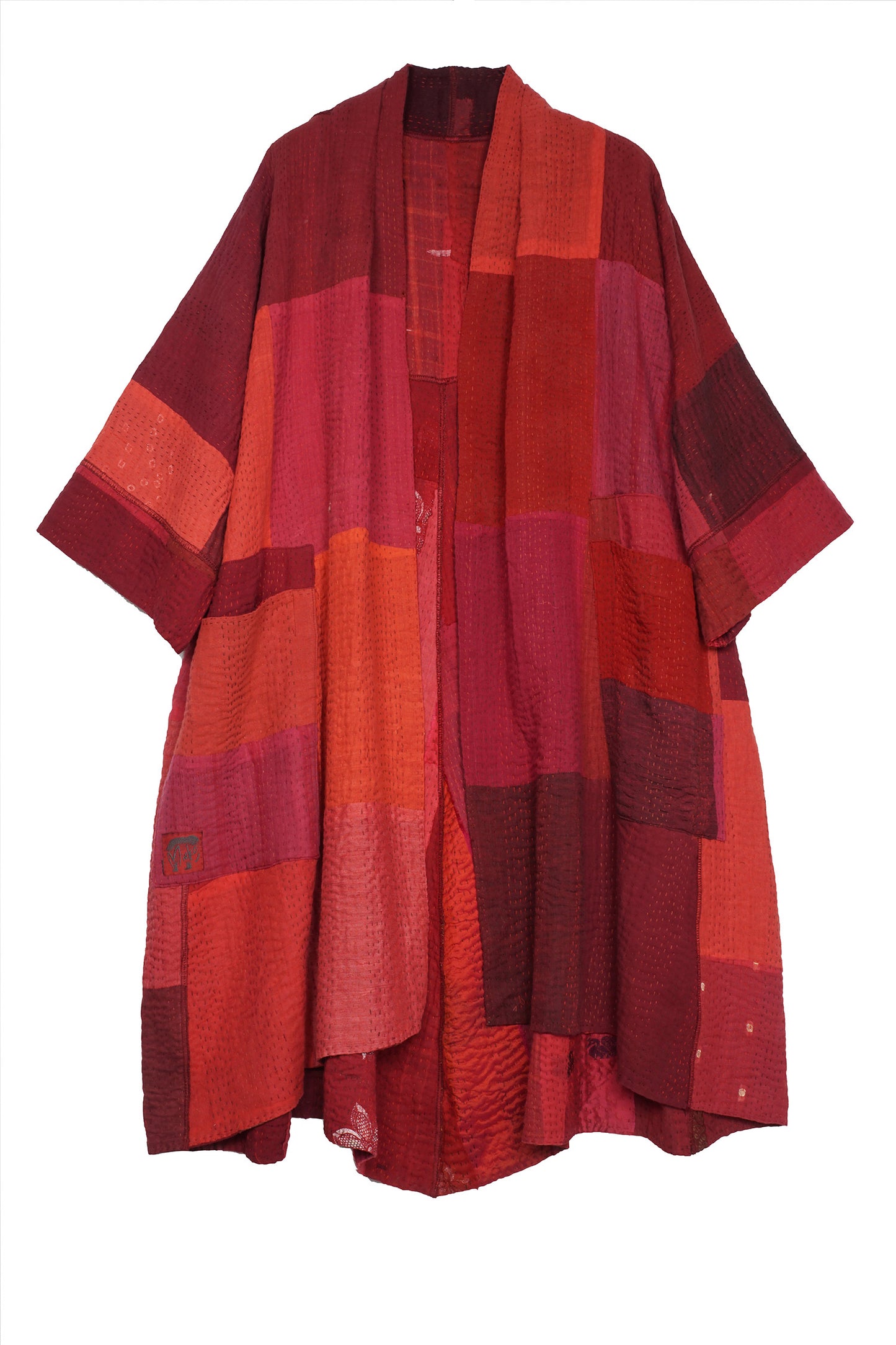 STRIPE AND CHECK COTTON SILK PATCH KANTHA 3/4 SLV. A-LINE DUSTER