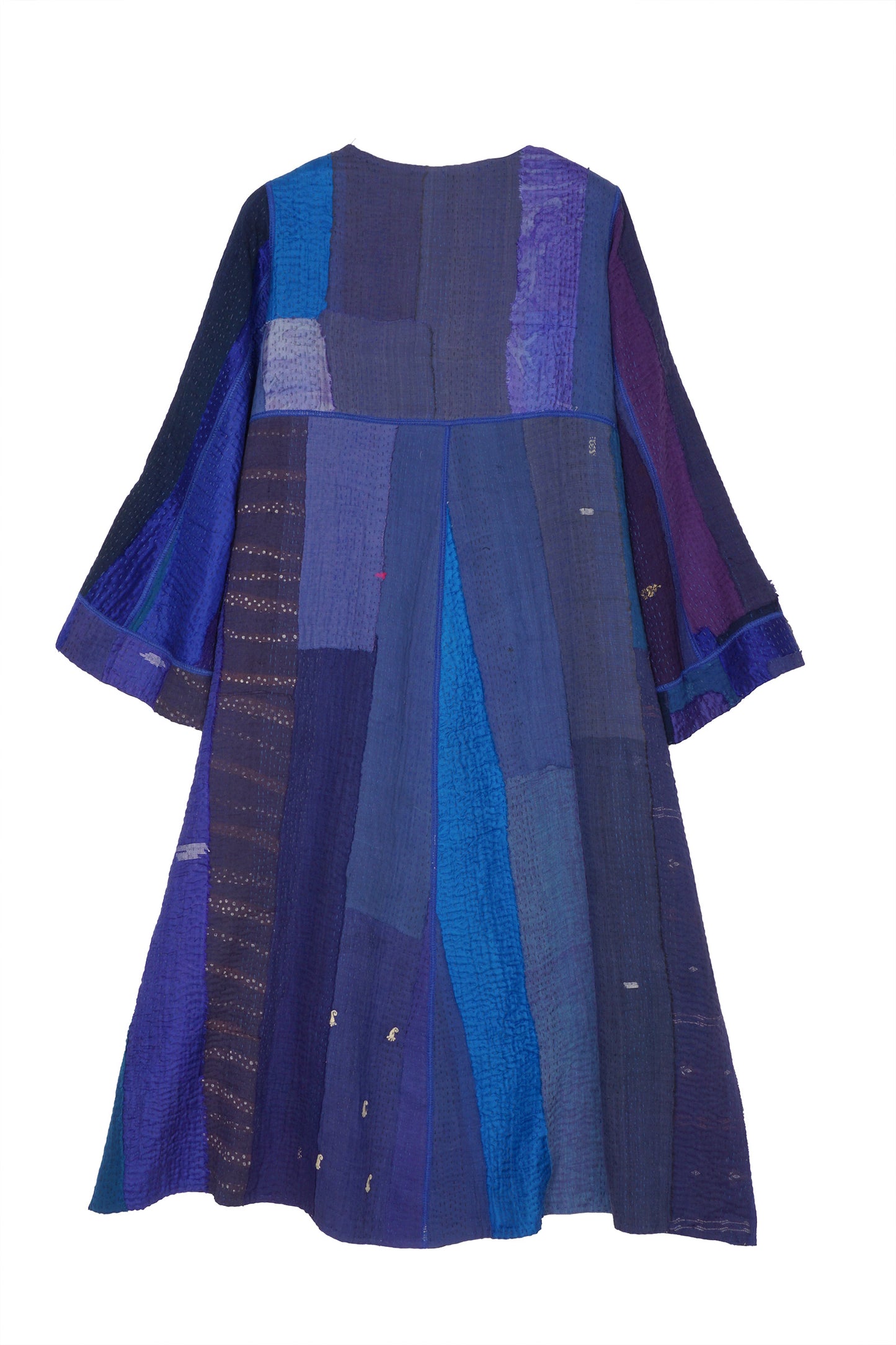 STRIPE AND CHECK COTTON SILK PATCH KANTHA WRAP FLARE COAT