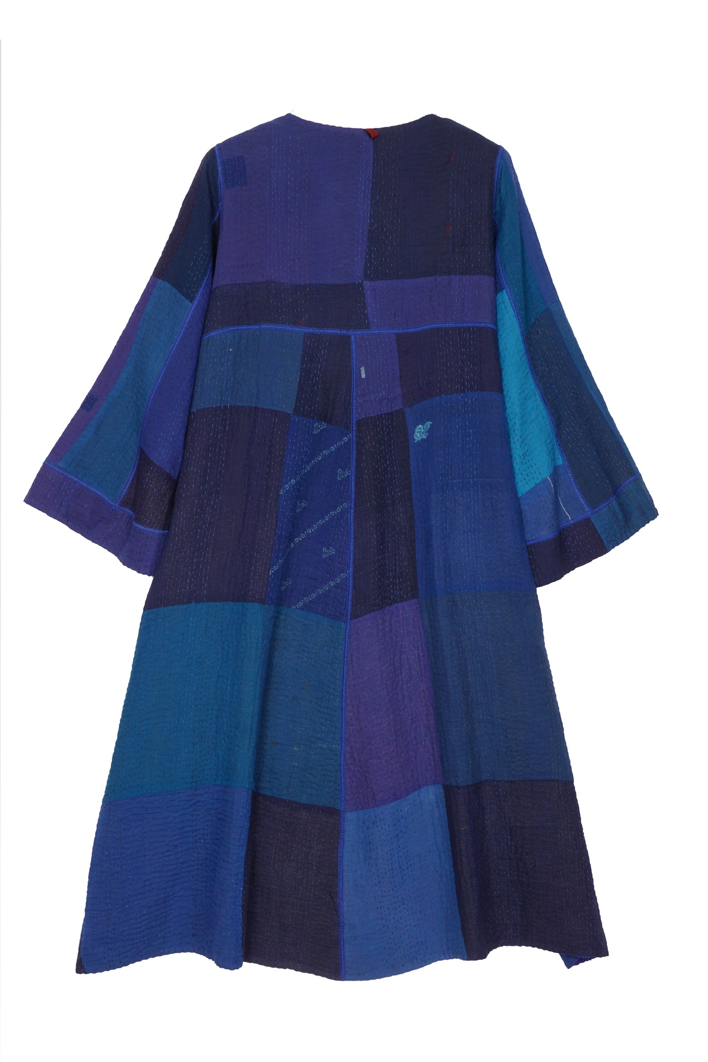 STRIPE AND CHECK COTTON SILK PATCH KANTHA WRAP FLARE COAT