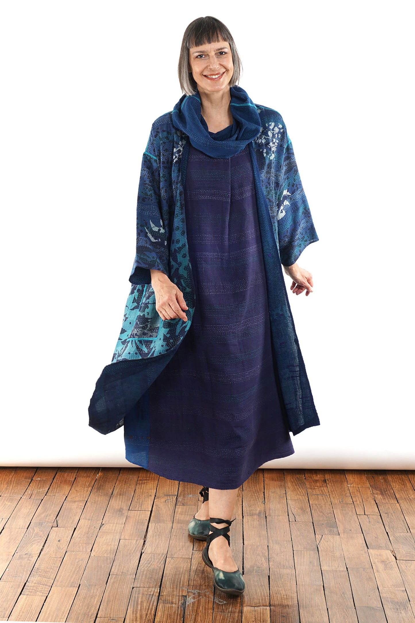 MONOTONE TWILIGHT PRINT KANTHA LONG DUSTER