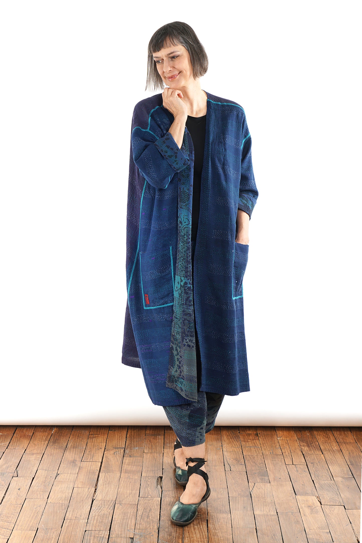 MONOTONE TWILIGHT PRINT KANTHA LONG DUSTER