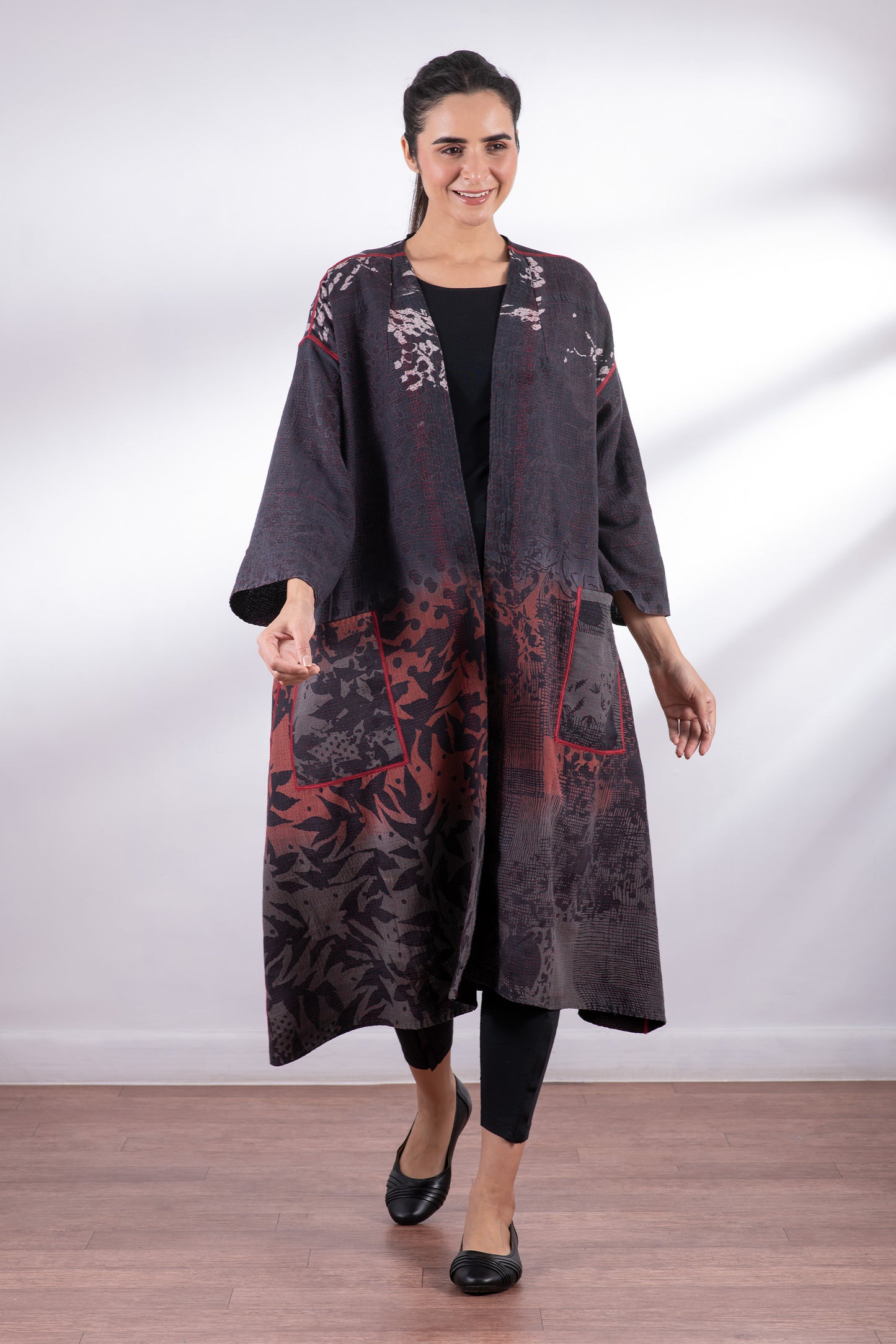 MONOTONE TWILIGHT PRINT KANTHA LONG DUSTER