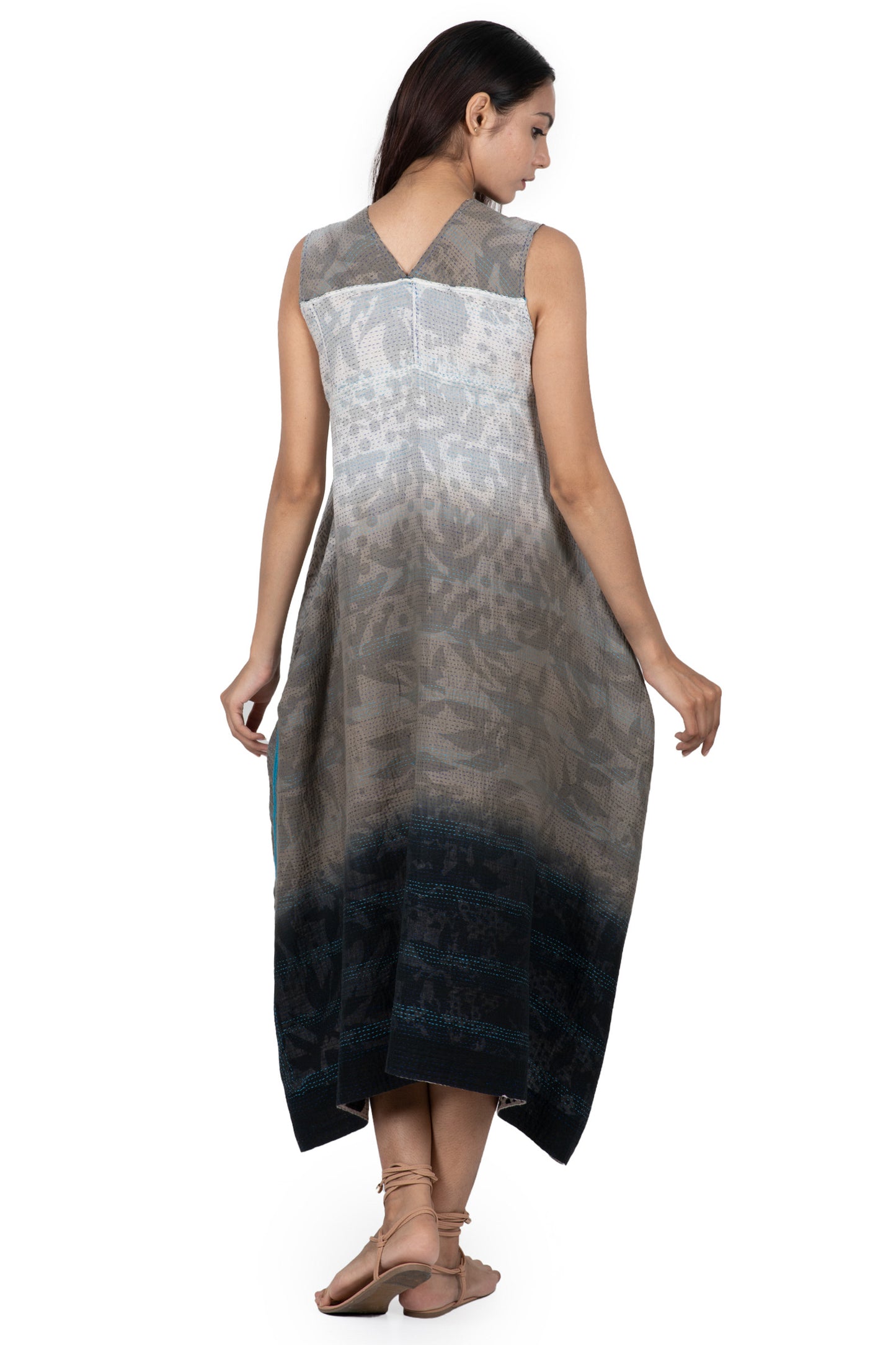 MONOTONE TWILIGHT PRINT KANTHA TENT DRESS