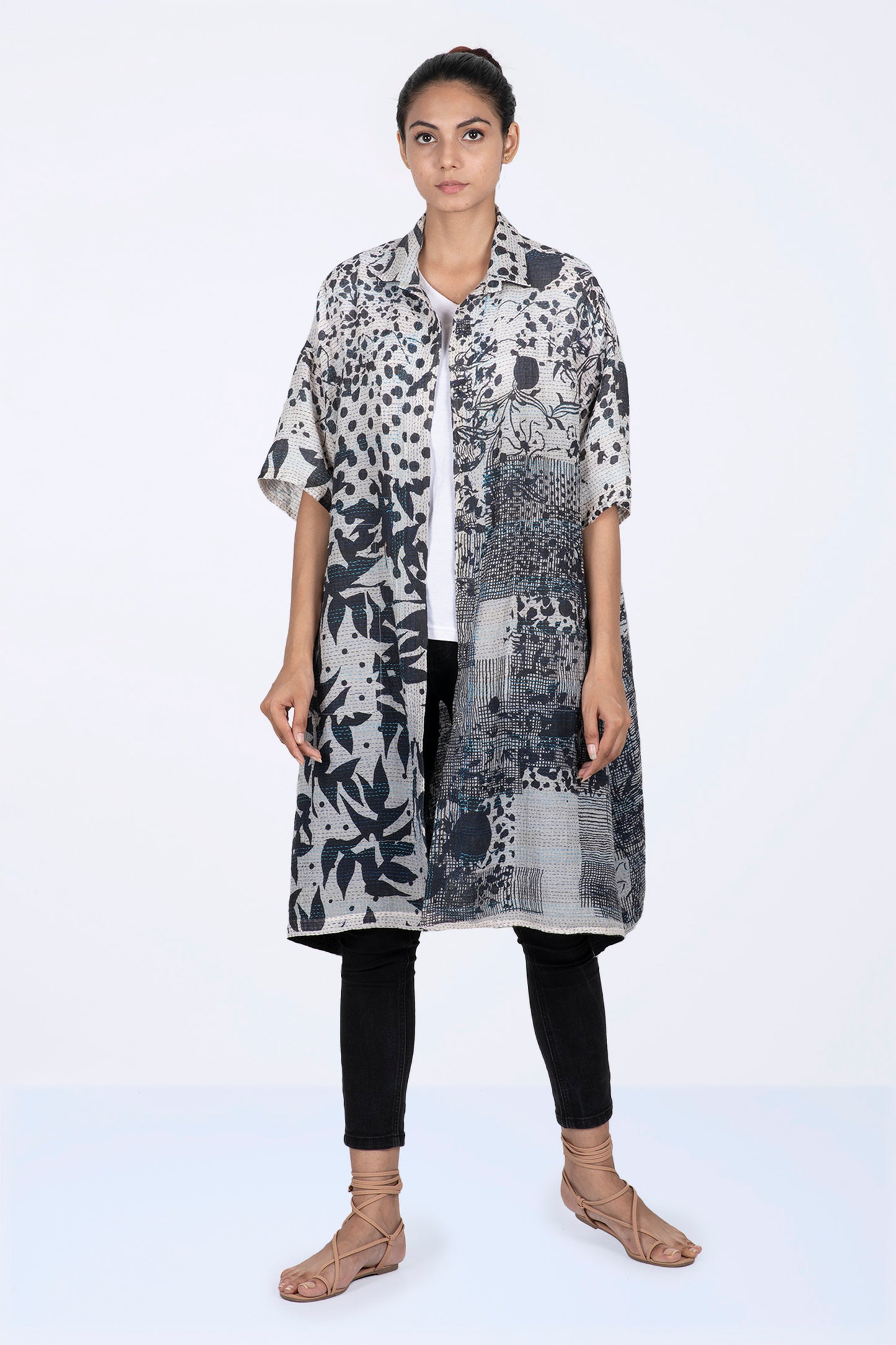 MONOTONE TWILIGHT PRINT KANTHA HALF SLV. SHIRT DRESS