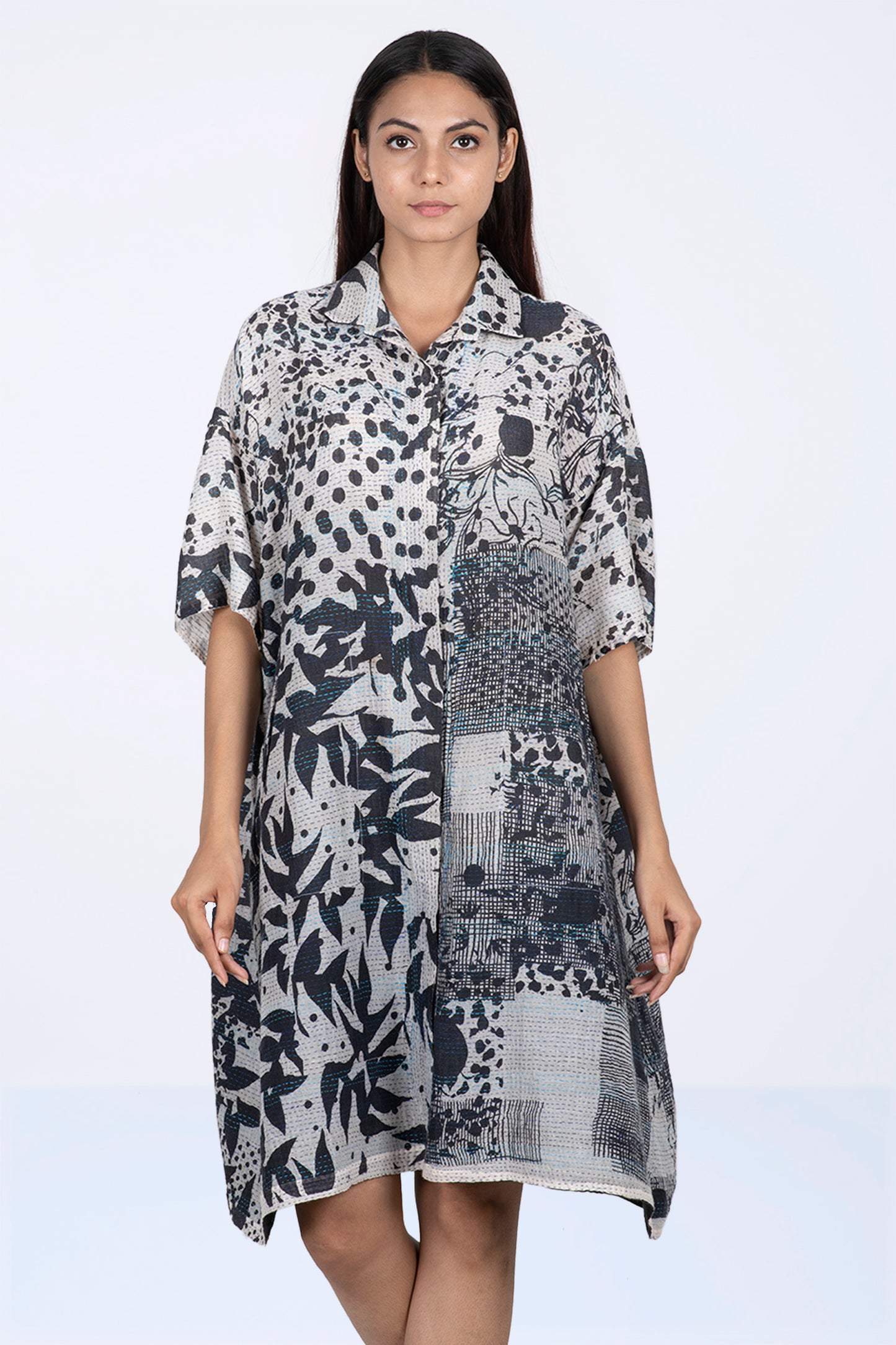 MONOTONE TWILIGHT PRINT KANTHA HALF SLV. SHIRT DRESS