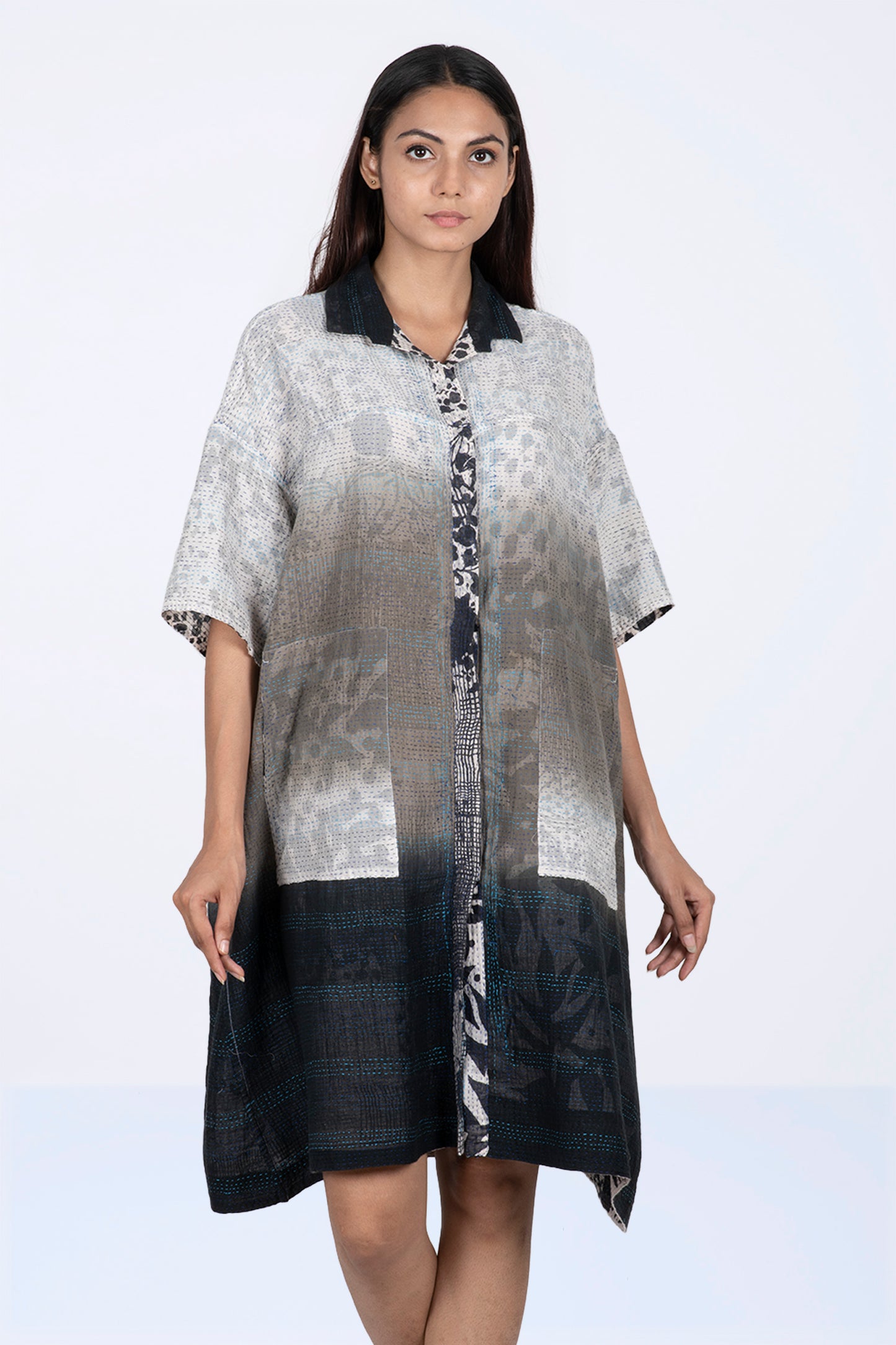 MONOTONE TWILIGHT PRINT KANTHA HALF SLV. SHIRT DRESS