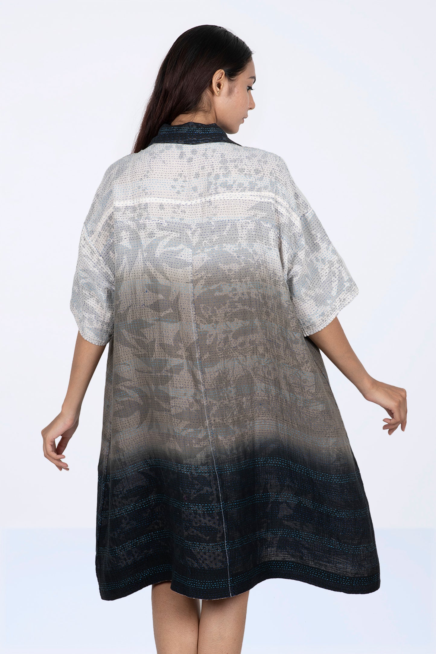 MONOTONE TWILIGHT PRINT KANTHA HALF SLV. SHIRT DRESS