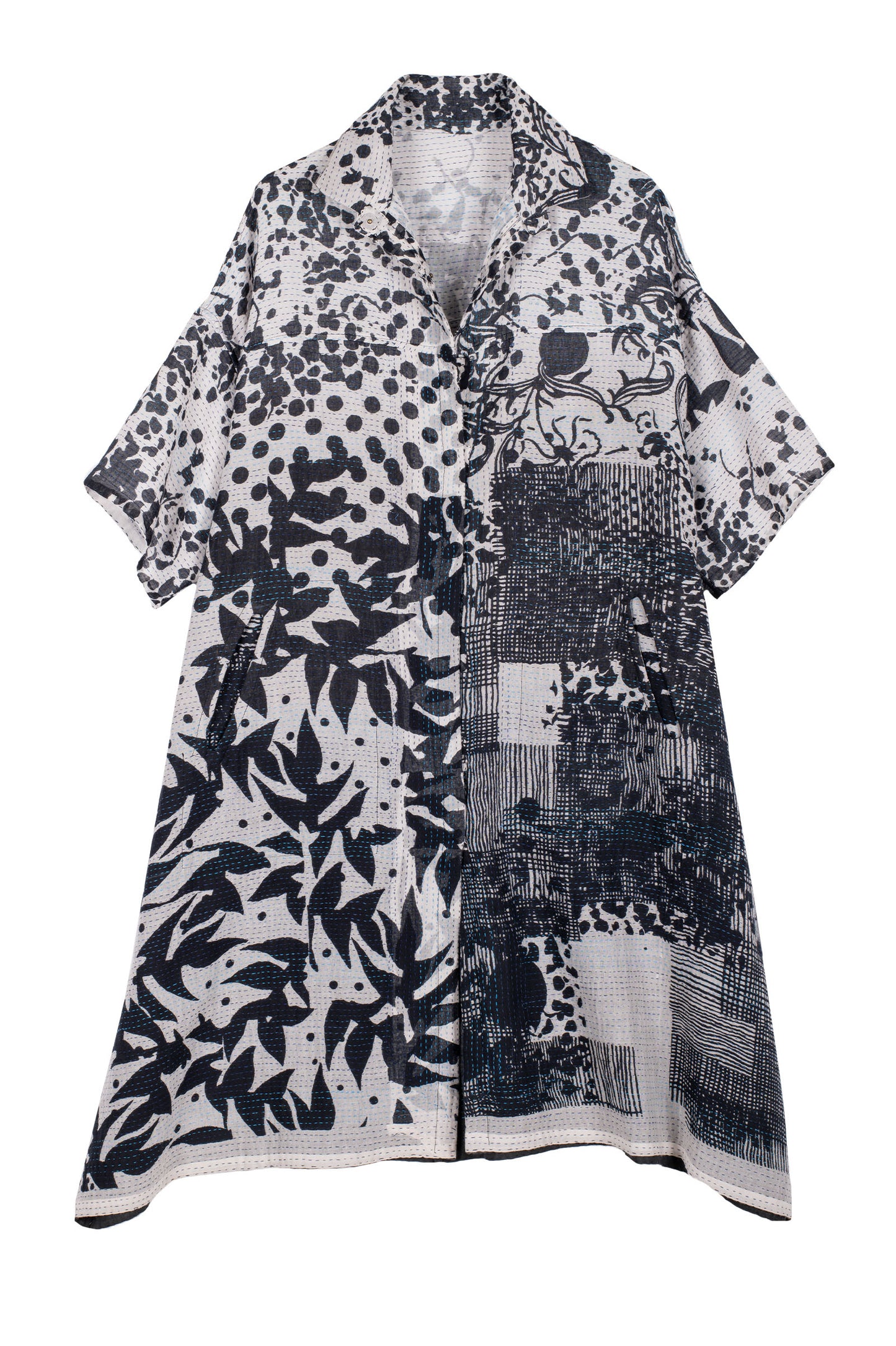 MONOTONE TWILIGHT PRINT KANTHA HALF SLV. SHIRT DRESS