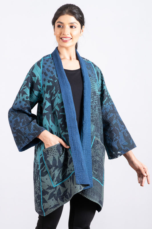 MONOTONE TWILIGHT PRINT KANTHA A-LINE JKT