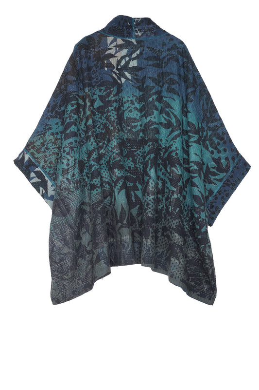 MONOTONE TWILIGHT PRINT KANTHA DOUBLE COLLAR PONCHO