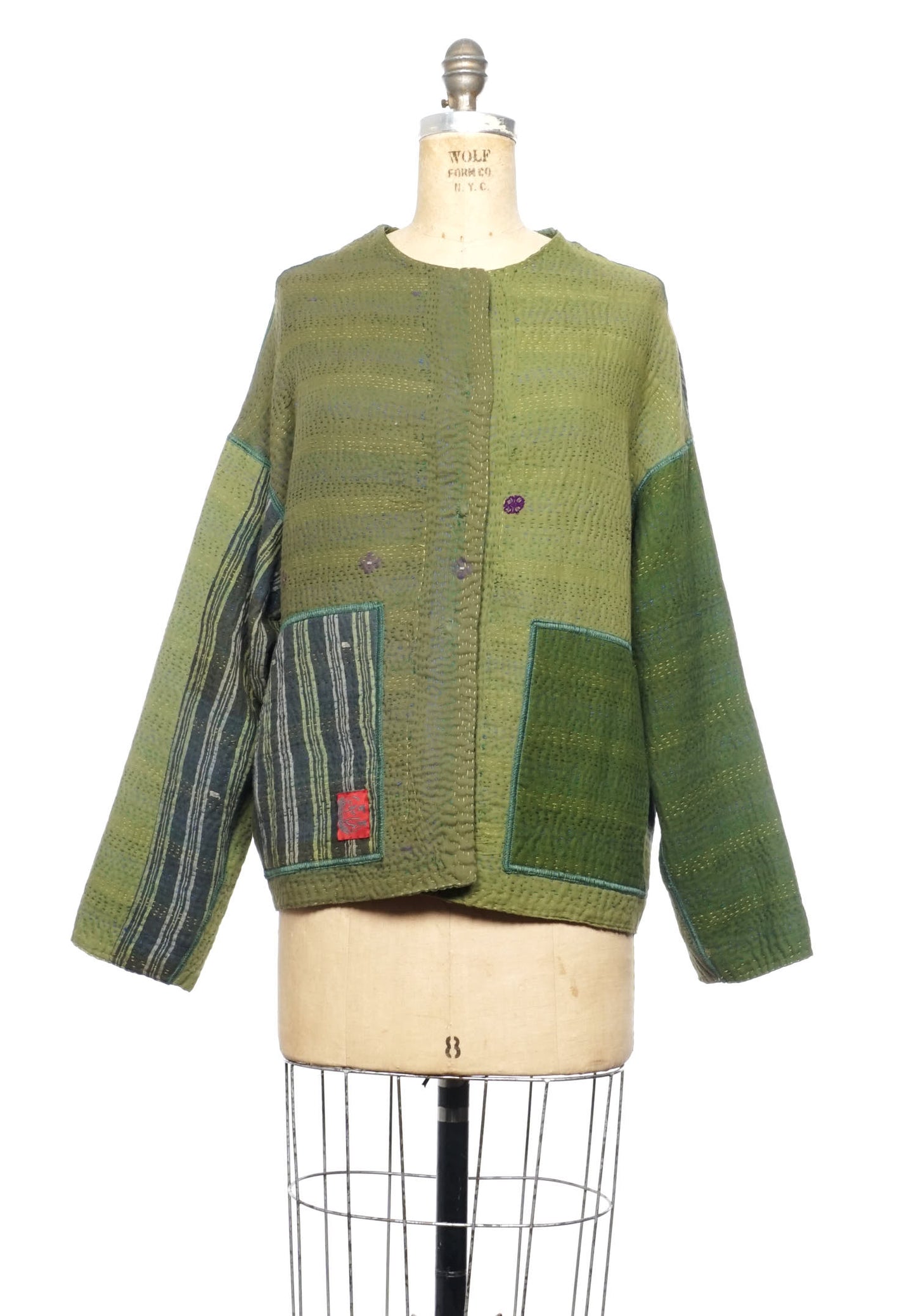 FRAYED PATCH MIX KANTHA CREW NECK SHORT JKT