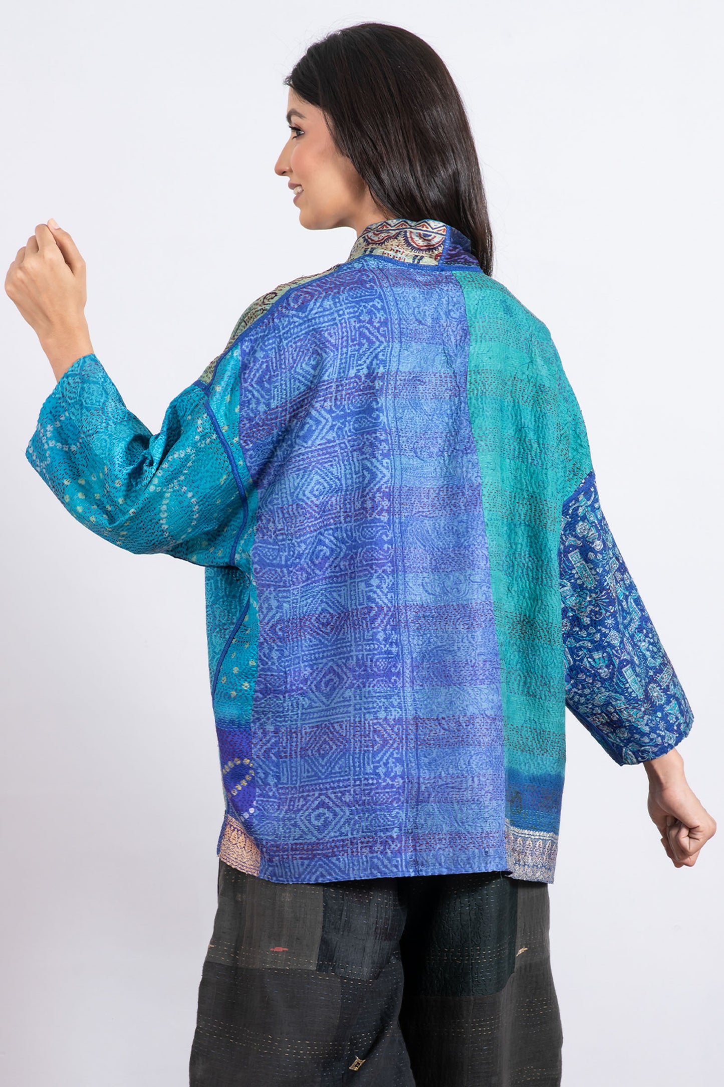 VINTAGE SILK PATCH KANTHA MINI KIMONO JKT