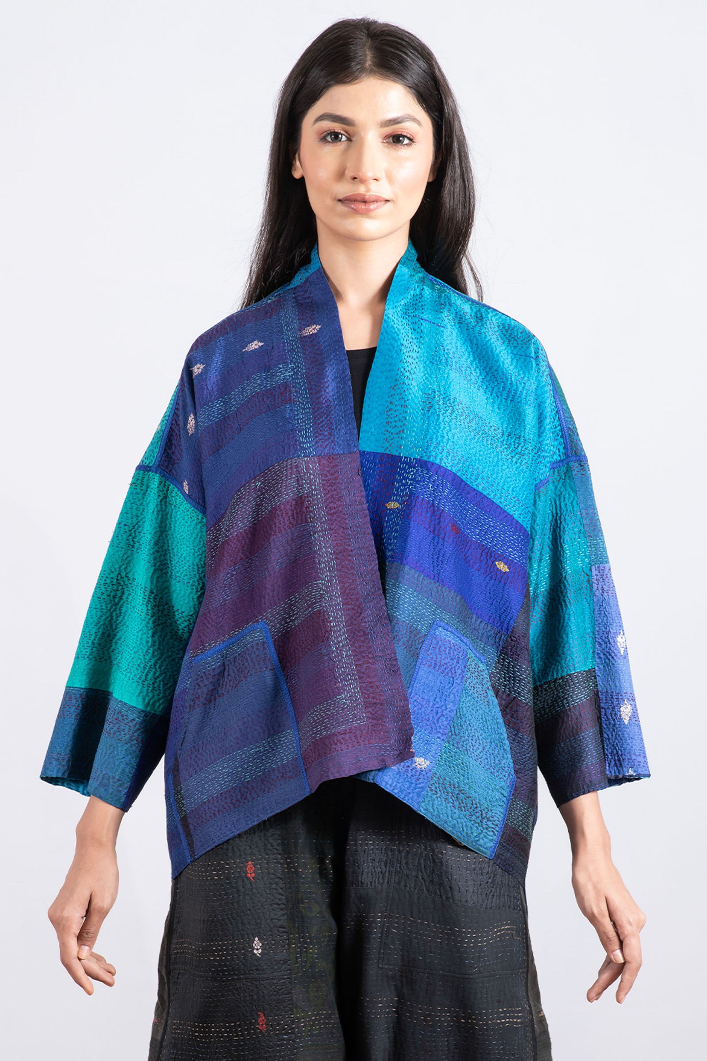 VINTAGE SILK PATCH KANTHA MINI KIMONO JKT