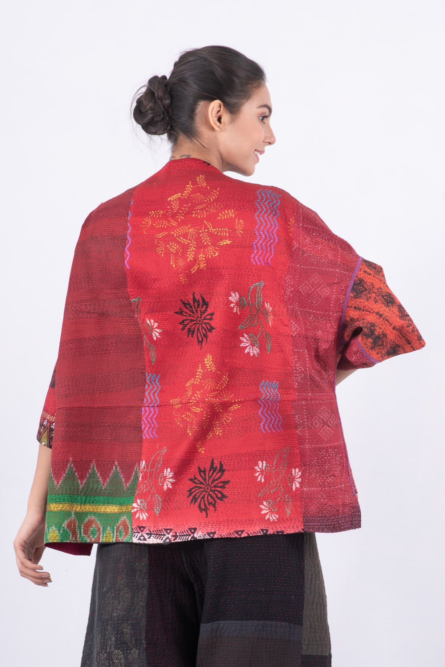 VINTAGE SILK PATCH KANTHA STRAIGHT NECK JACKET