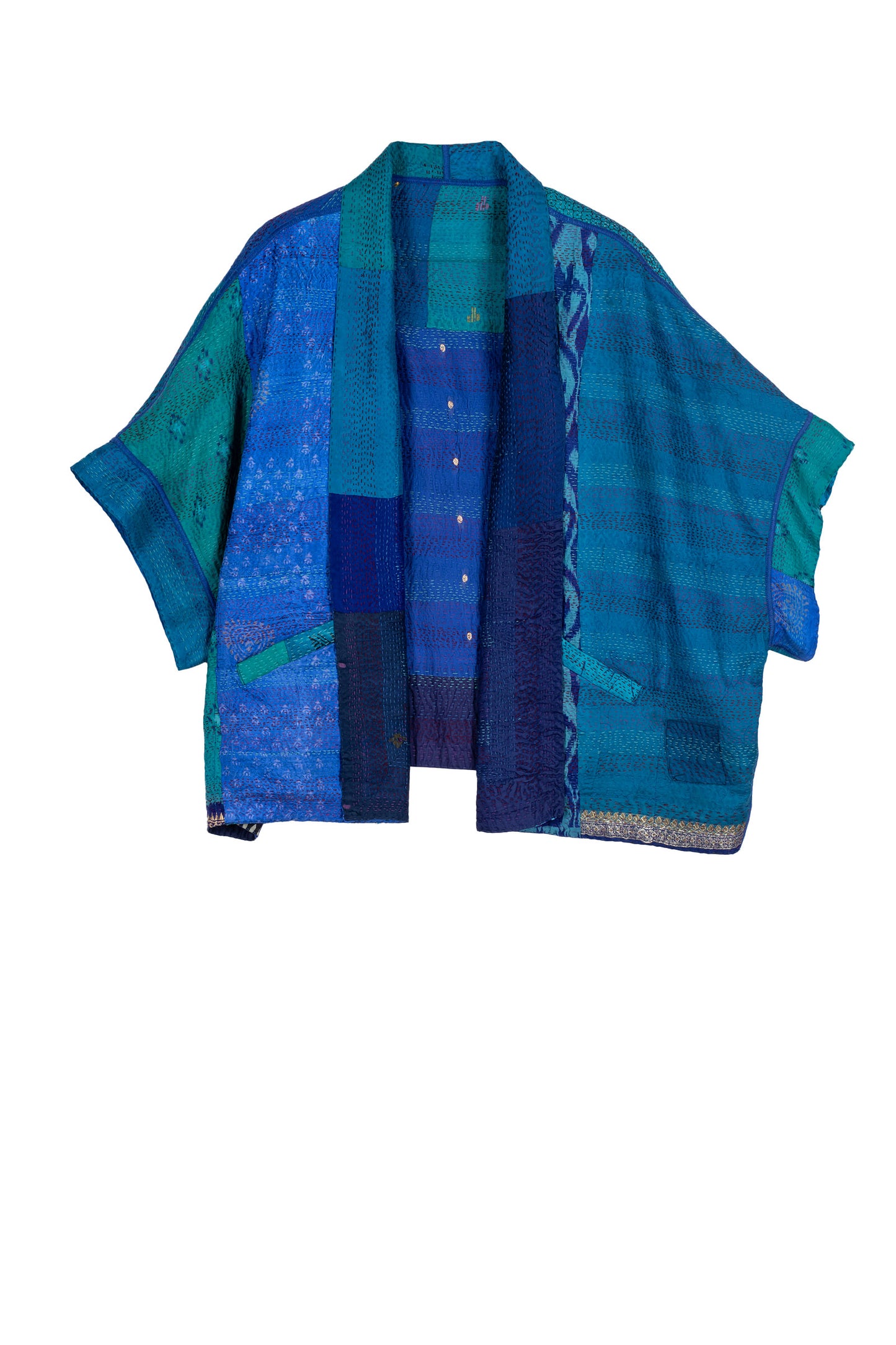 VINTAGE SILK PATCH KANTHA MINI PONCHO