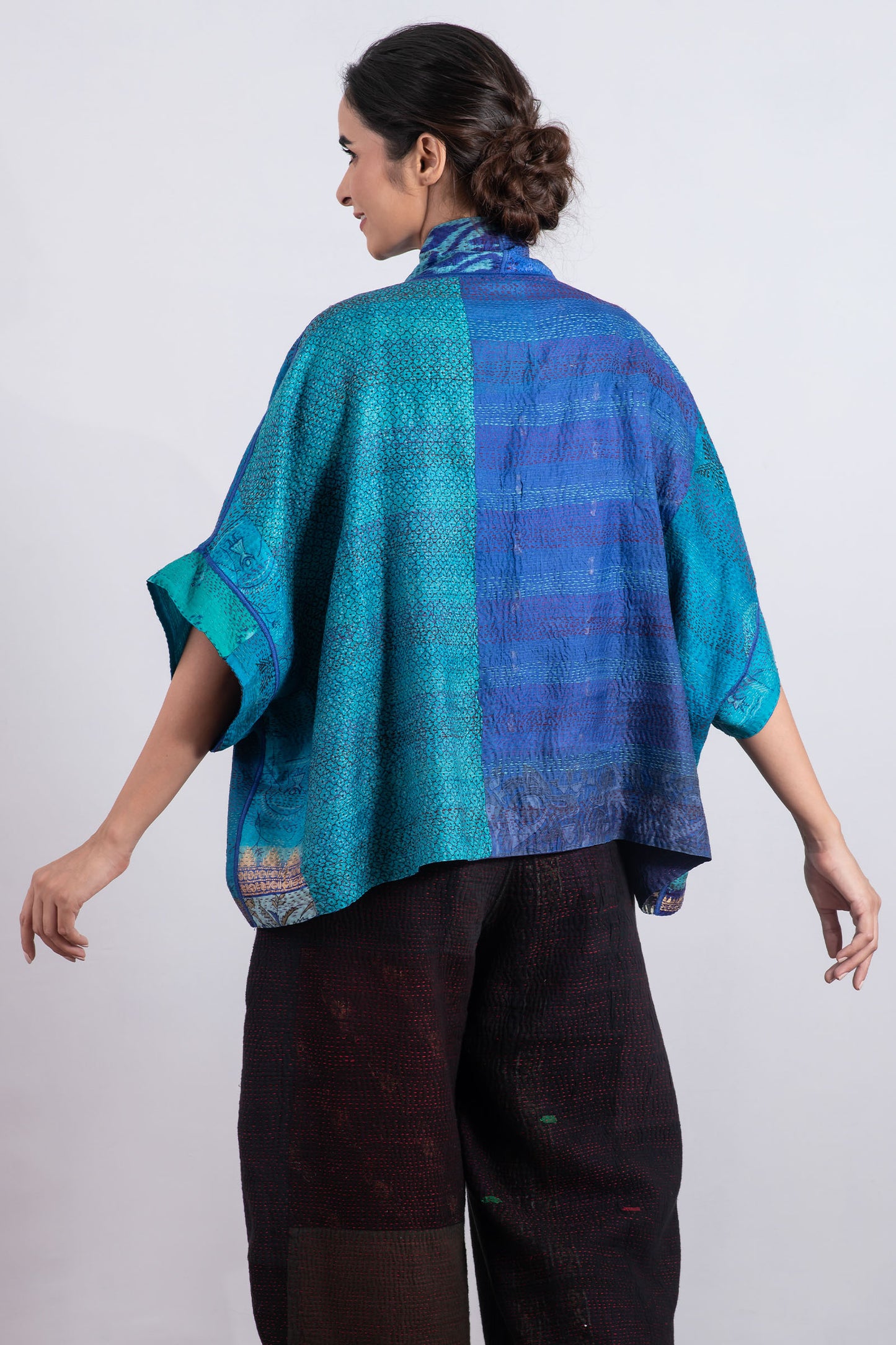 VINTAGE SILK PATCH KANTHA MINI PONCHO