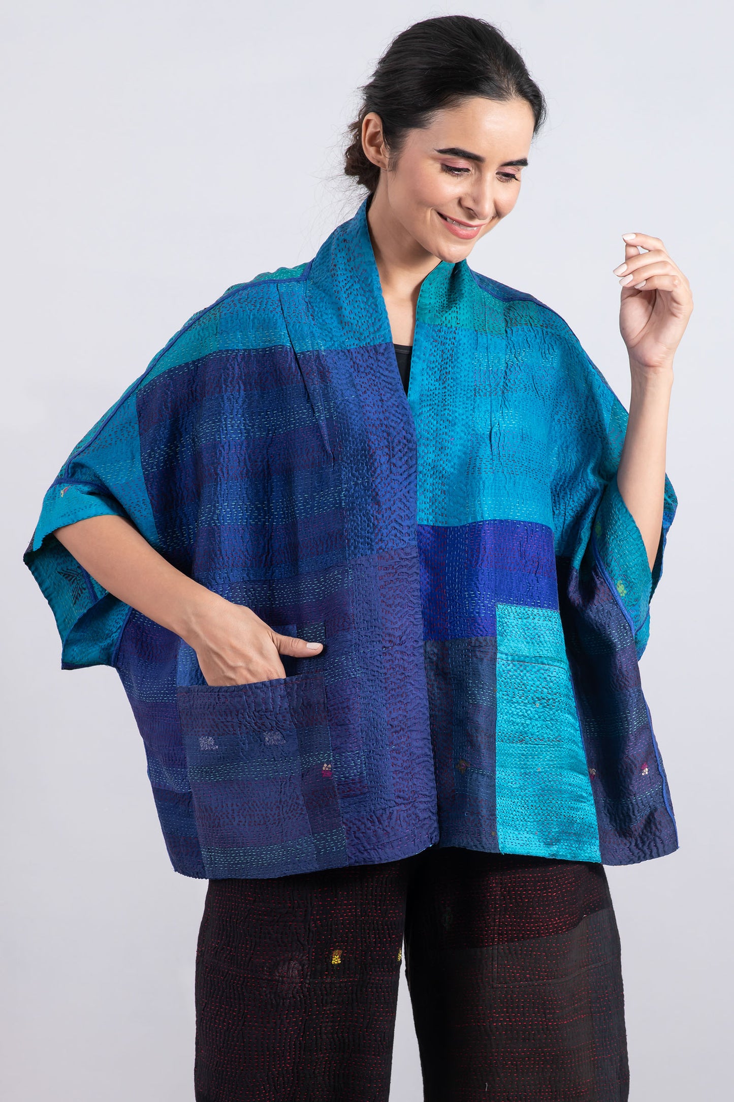 VINTAGE SILK PATCH KANTHA MINI PONCHO