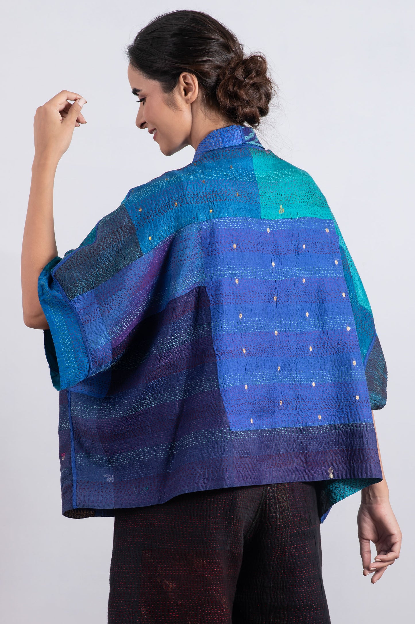 VINTAGE SILK PATCH KANTHA MINI PONCHO