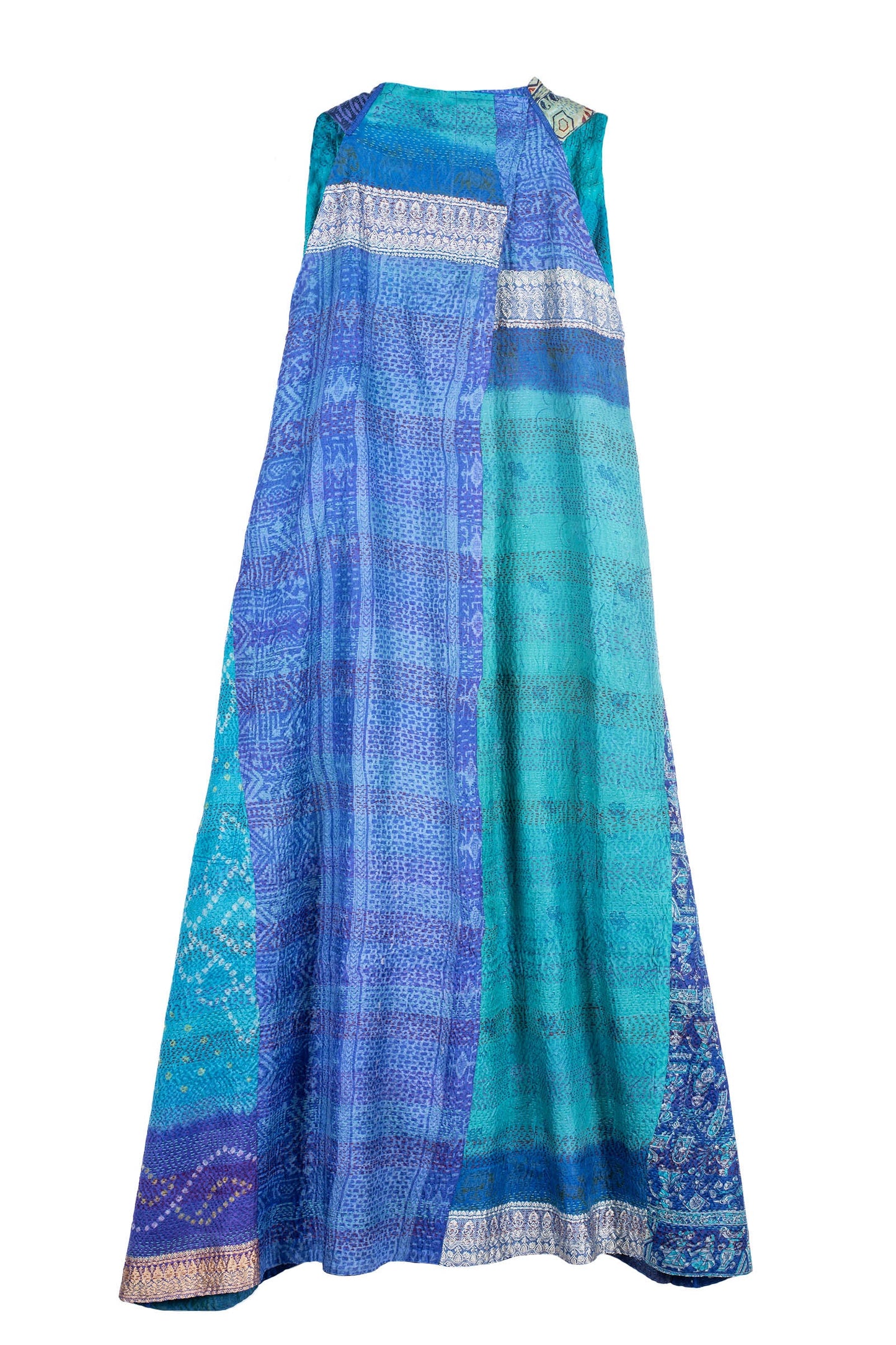 VINTAGE SILK PATCH KANTHA  BACK PLEATED VEST MAXI