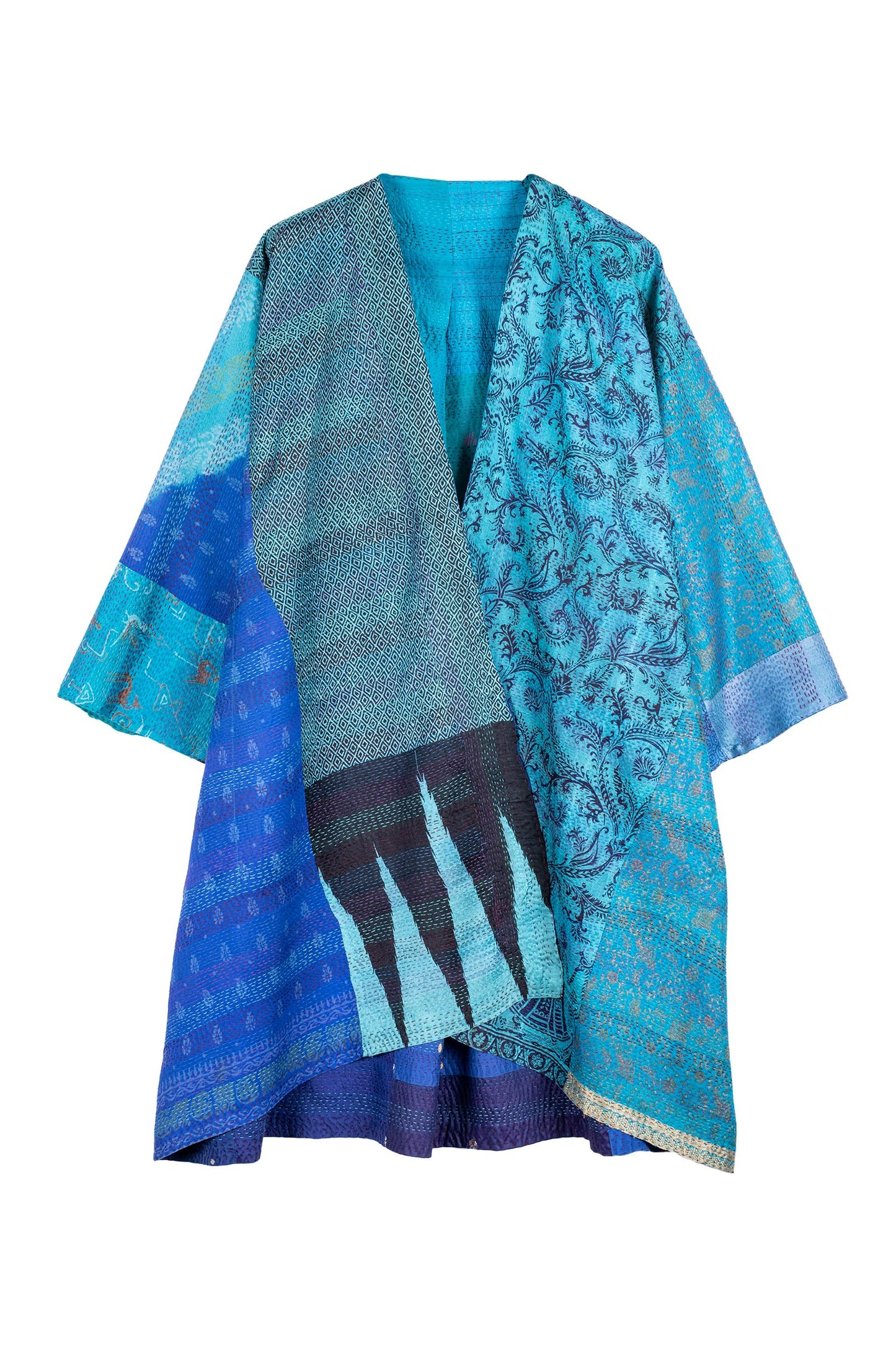 VINTAGE SILK PATCH KANTHA KIMONO DUSTER