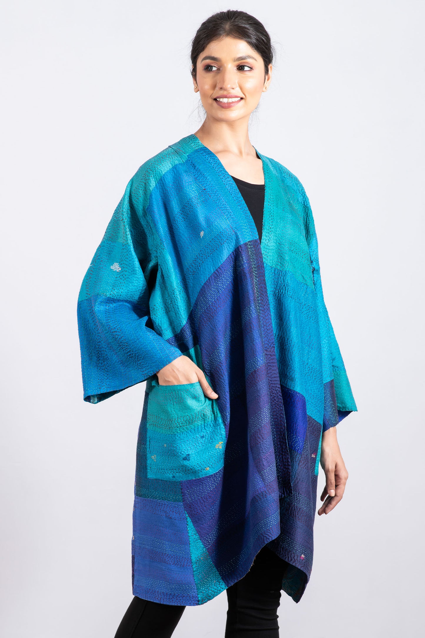 VINTAGE SILK PATCH KANTHA KIMONO DUSTER