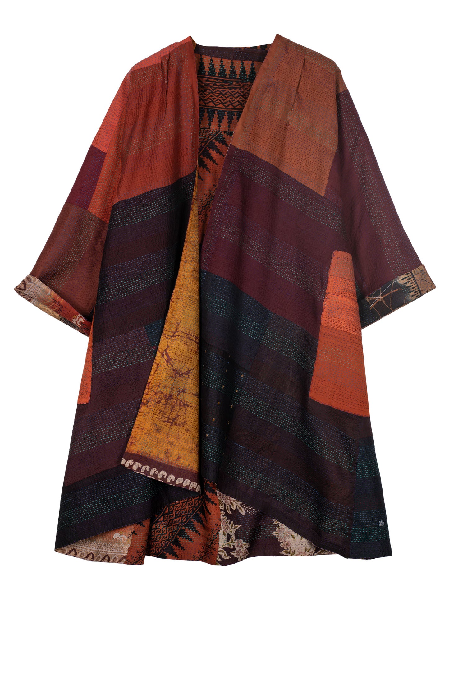 VINTAGE SILK PATCH KANTHA KIMONO DUSTER