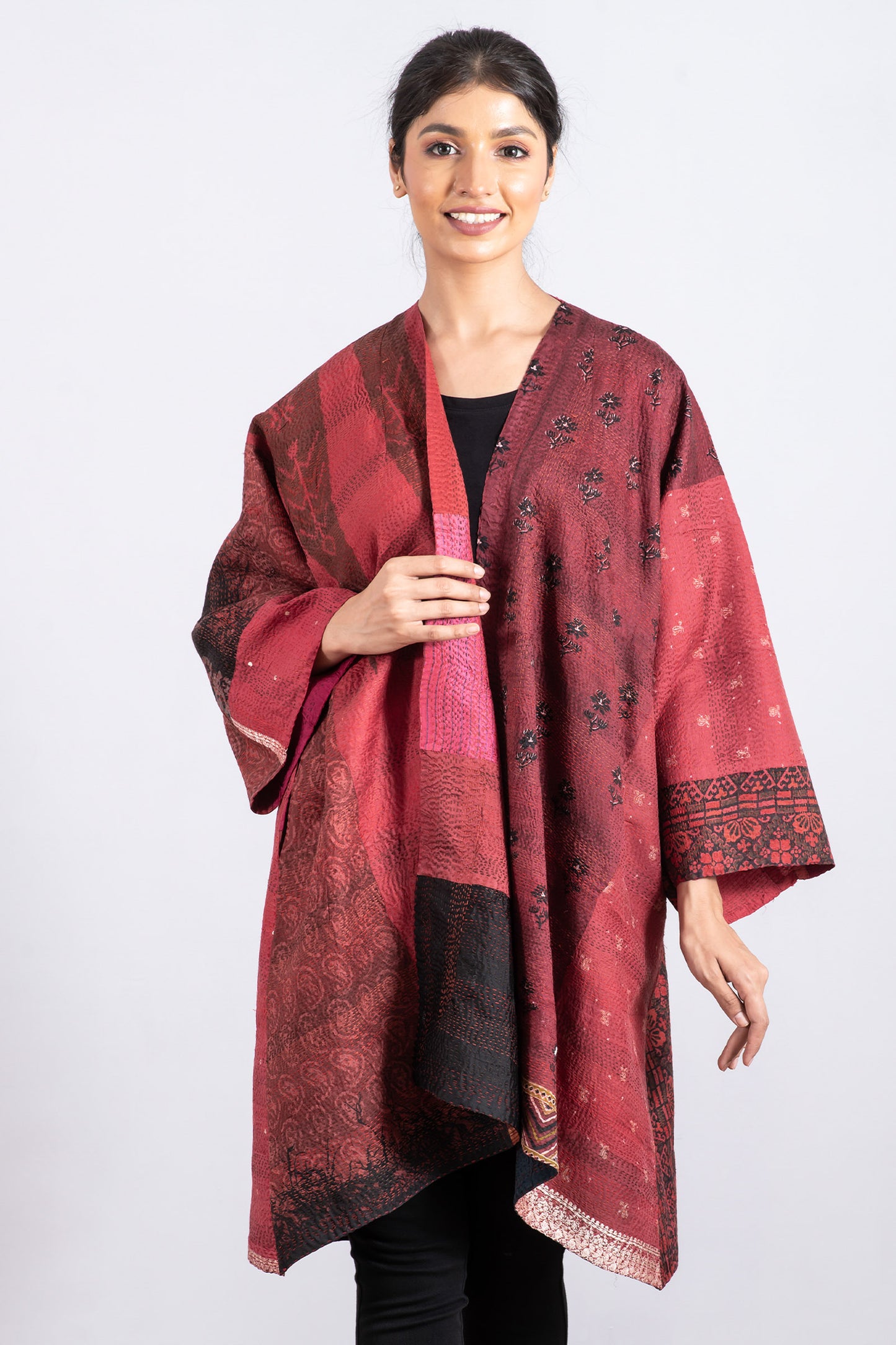 VINTAGE SILK PATCH KANTHA KIMONO DUSTER