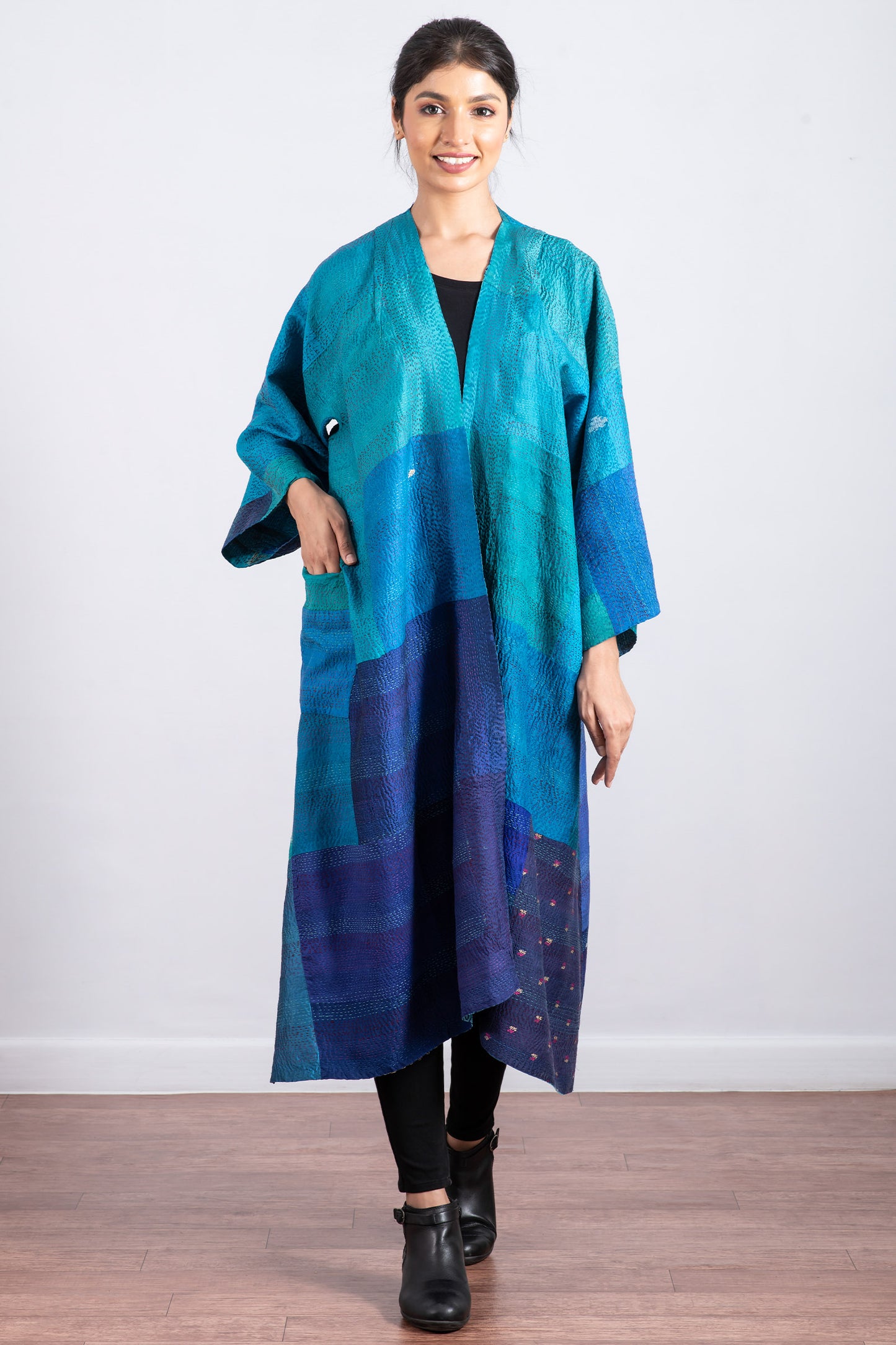 VINTAGE SILK PATCH KANTHA KIMONO MAXI