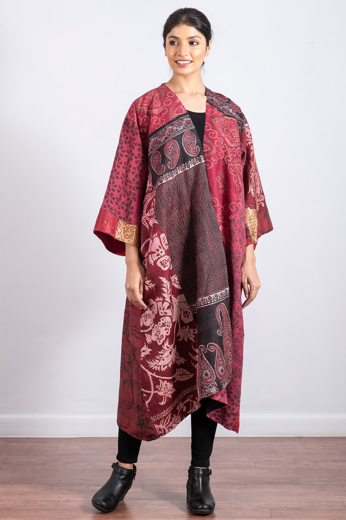 VINTAGE SILK PATCH KANTHA KIMONO MAXI