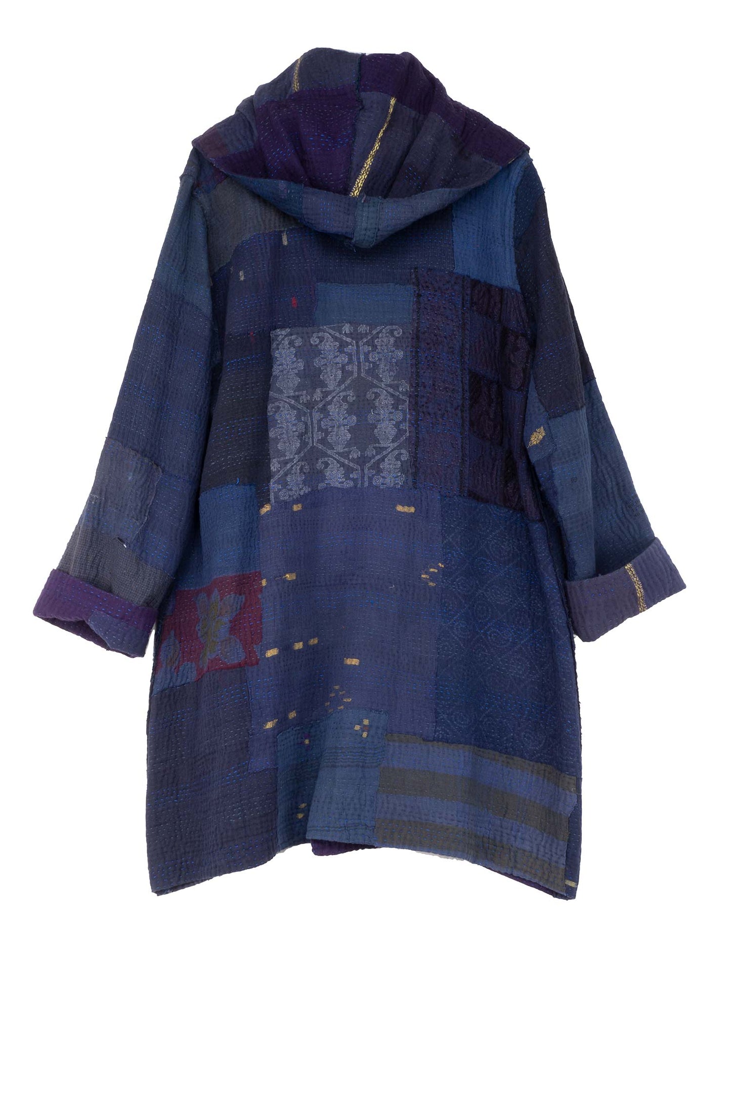 FRAYED PATCH KANTHA HOODED POCKET COAT