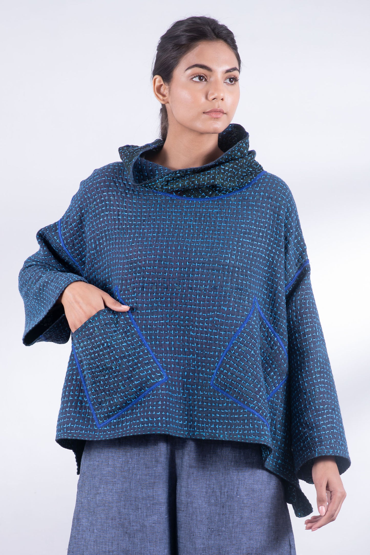 WAFFLE KANTHA COWL PULLOVER