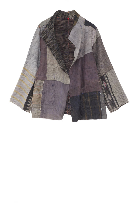 WOVEN IKAT & FRAYED PATCH KANTHA SHORT JKT