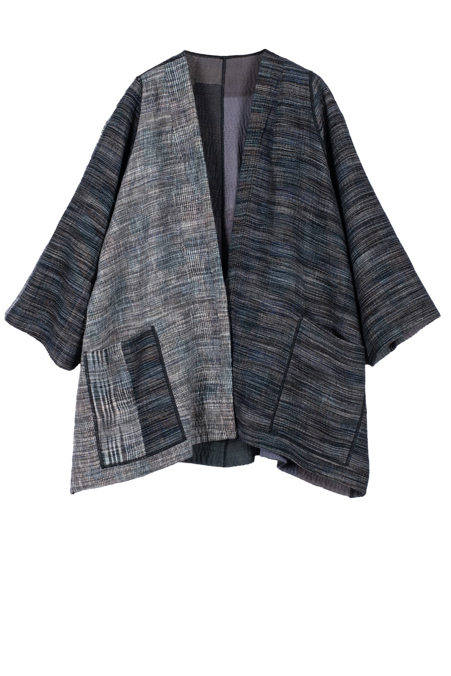 WOVEN IKAT & FRAYED PATCH KANTHA BELL SHAPE LONG JKT