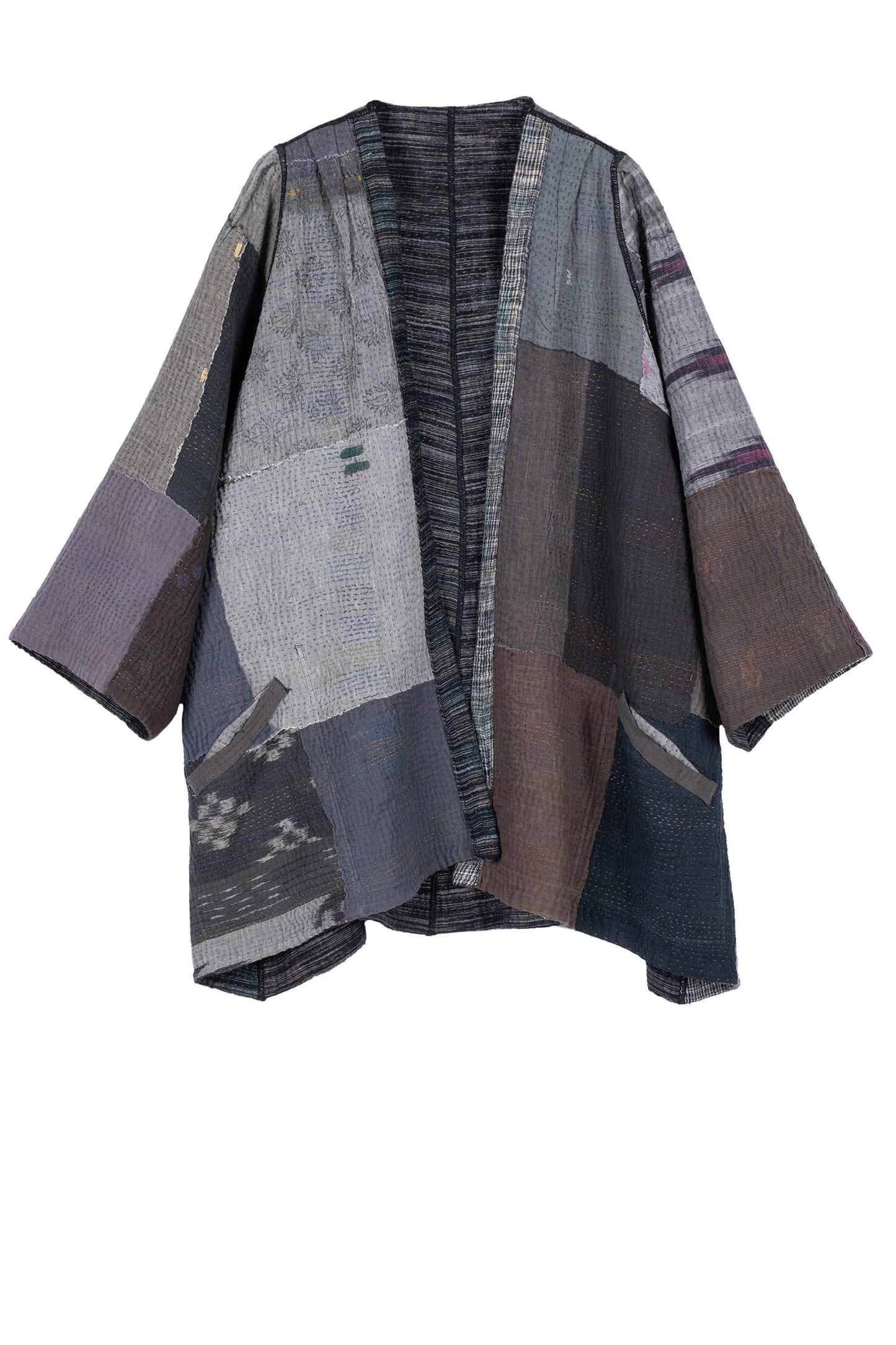 WOVEN IKAT & FRAYED PATCH KANTHA BELL SHAPE LONG JKT