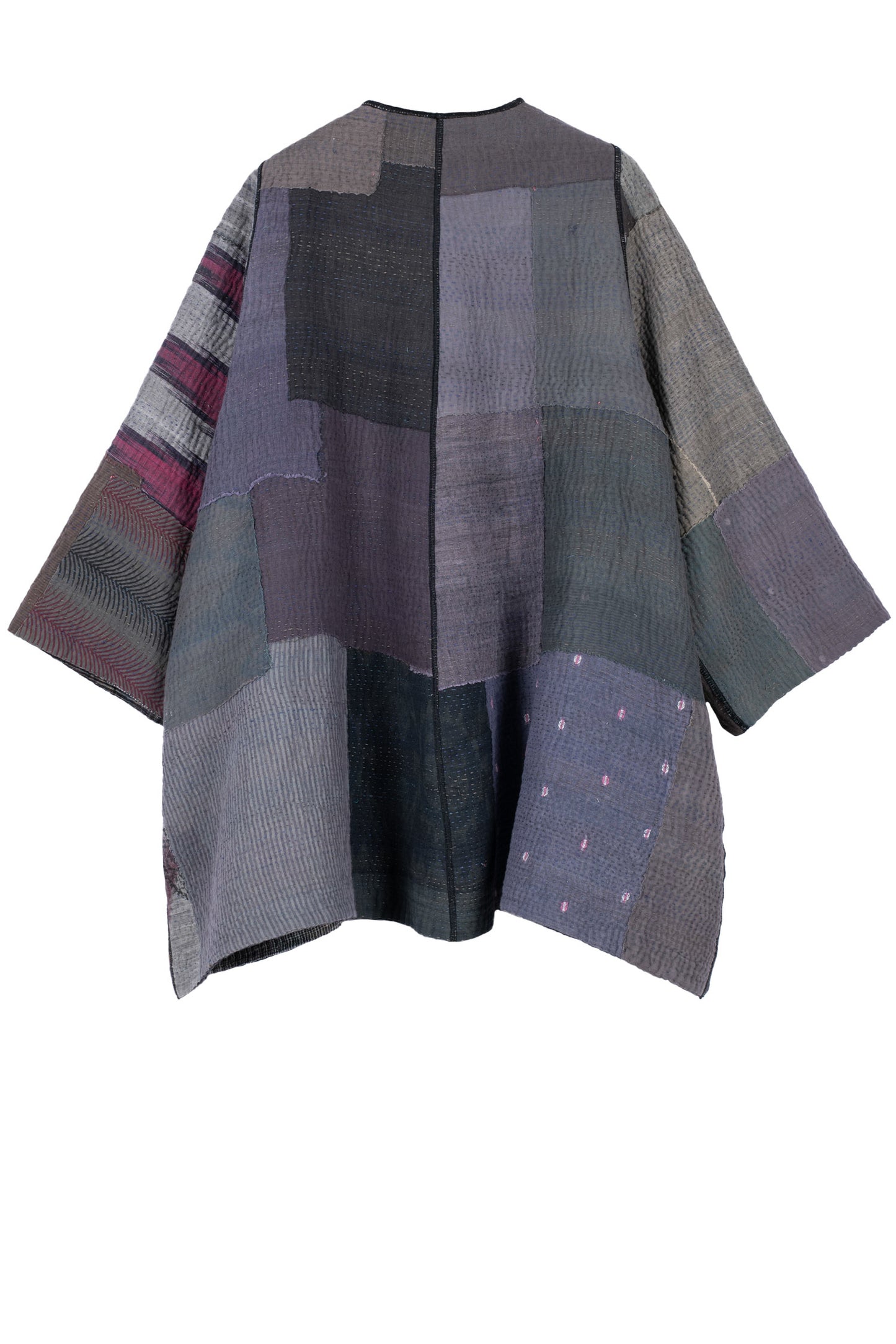 WOVEN IKAT & FRAYED PATCH KANTHA BELL SHAPE LONG JKT