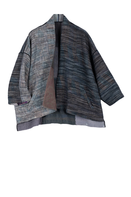 WOVEN IKAT & FRAYED PATCH KANTHA MINI KIMONO JKT