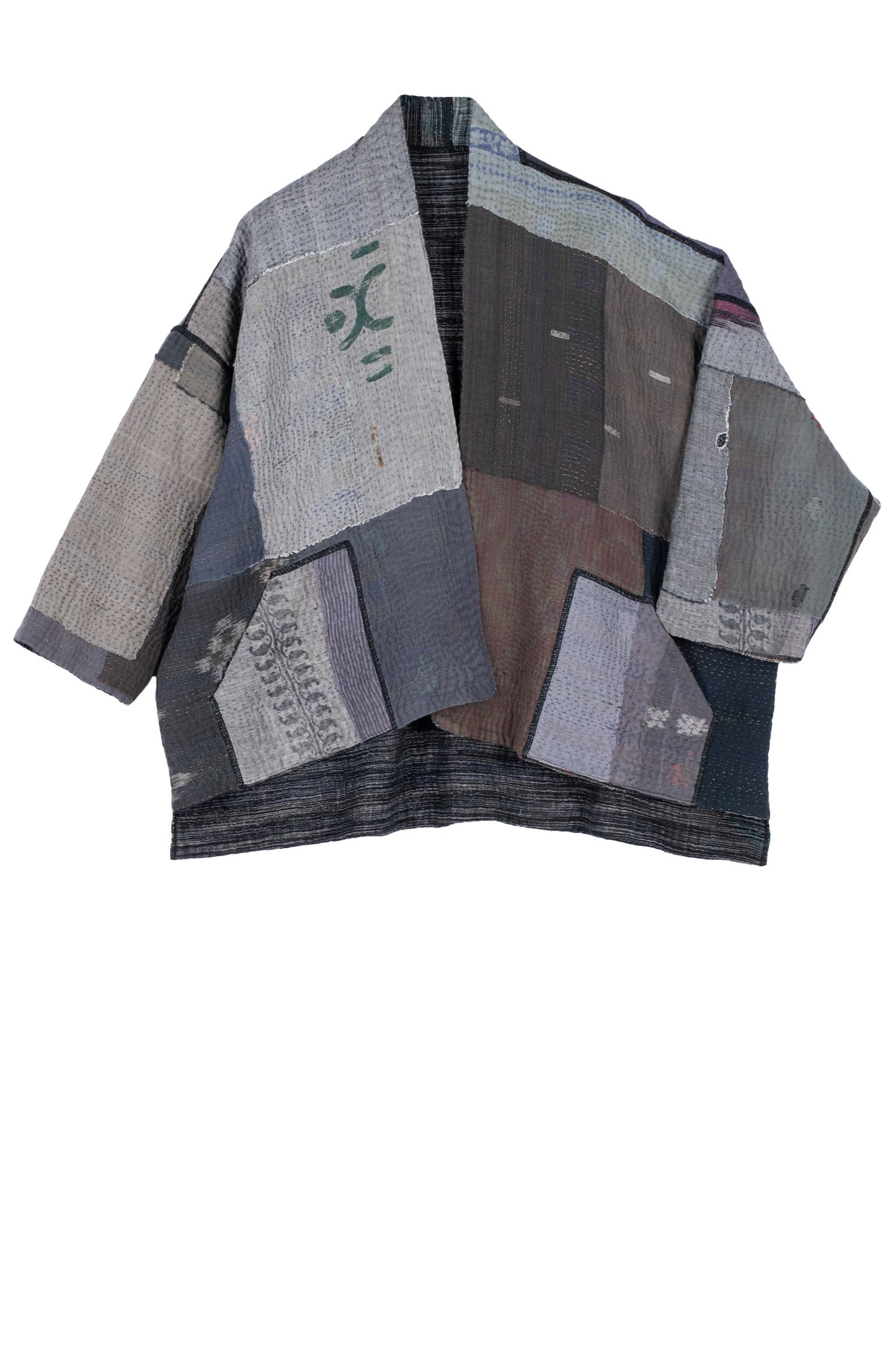 WOVEN IKAT & FRAYED PATCH KANTHA MINI KIMONO JKT