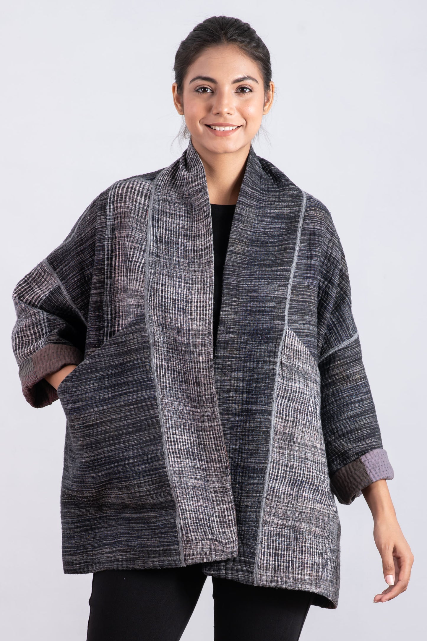 WOVEN IKAT & FRAYED PATCH KANTHA BIG POCKET JKT