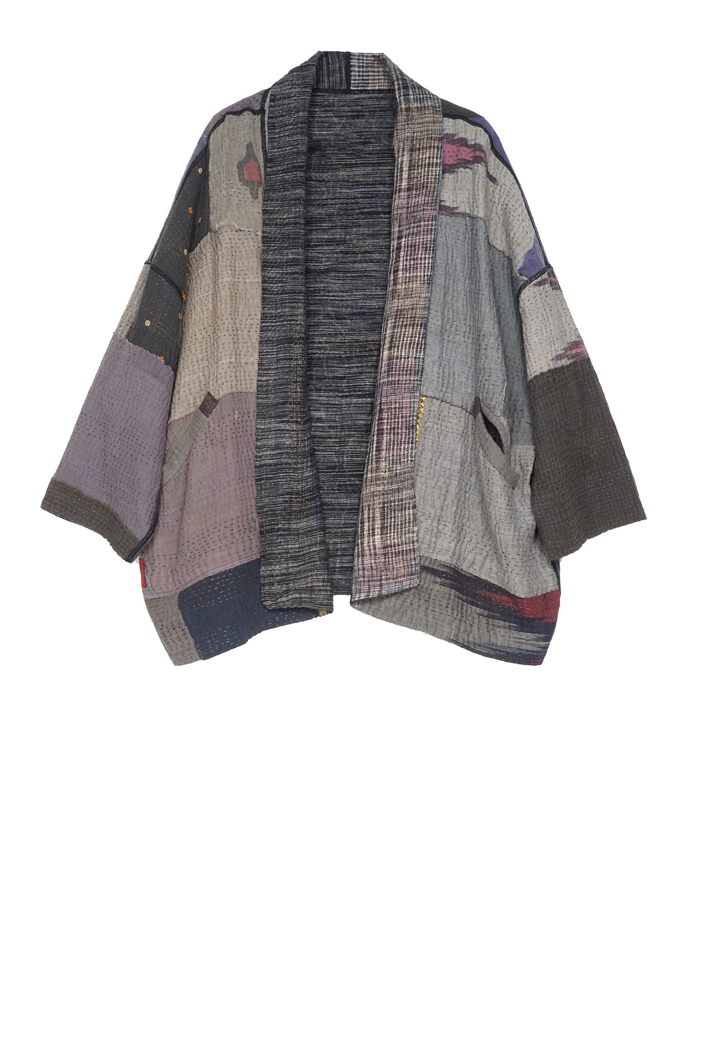 WOVEN IKAT & FRAYED PATCH KANTHA BIG POCKET JKT