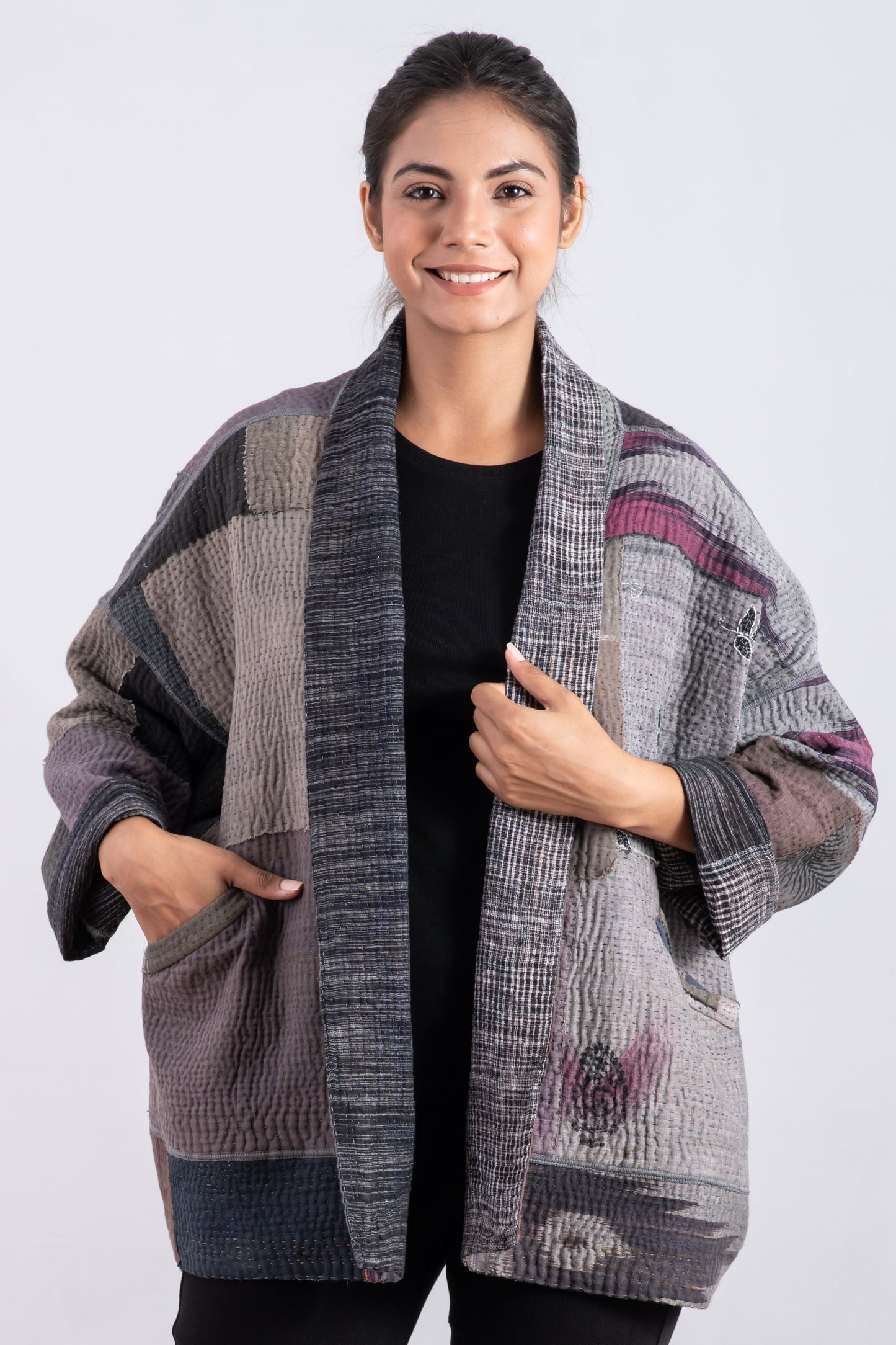 WOVEN IKAT & FRAYED PATCH KANTHA BIG POCKET JKT