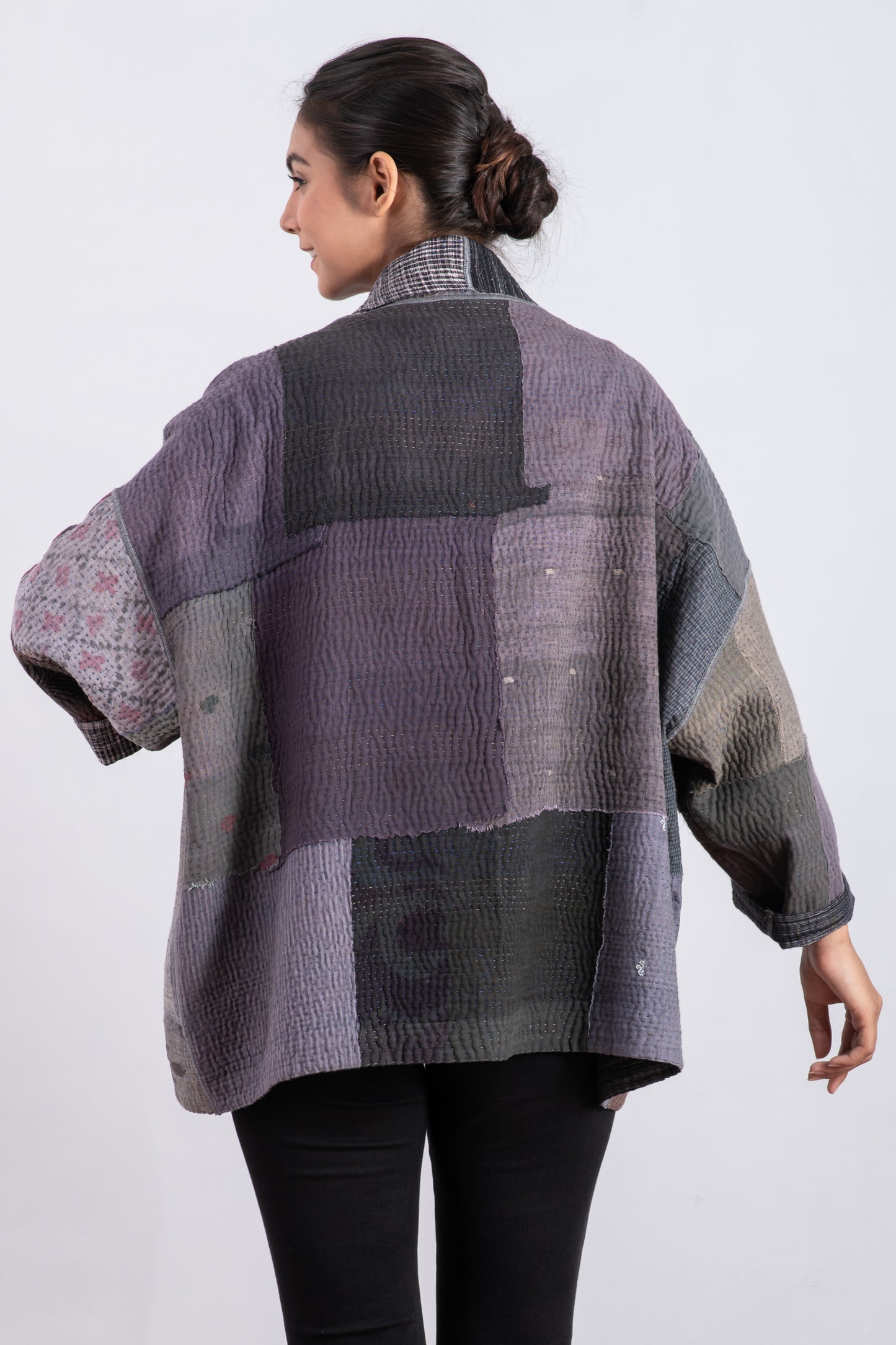 WOVEN IKAT & FRAYED PATCH KANTHA BIG POCKET JKT