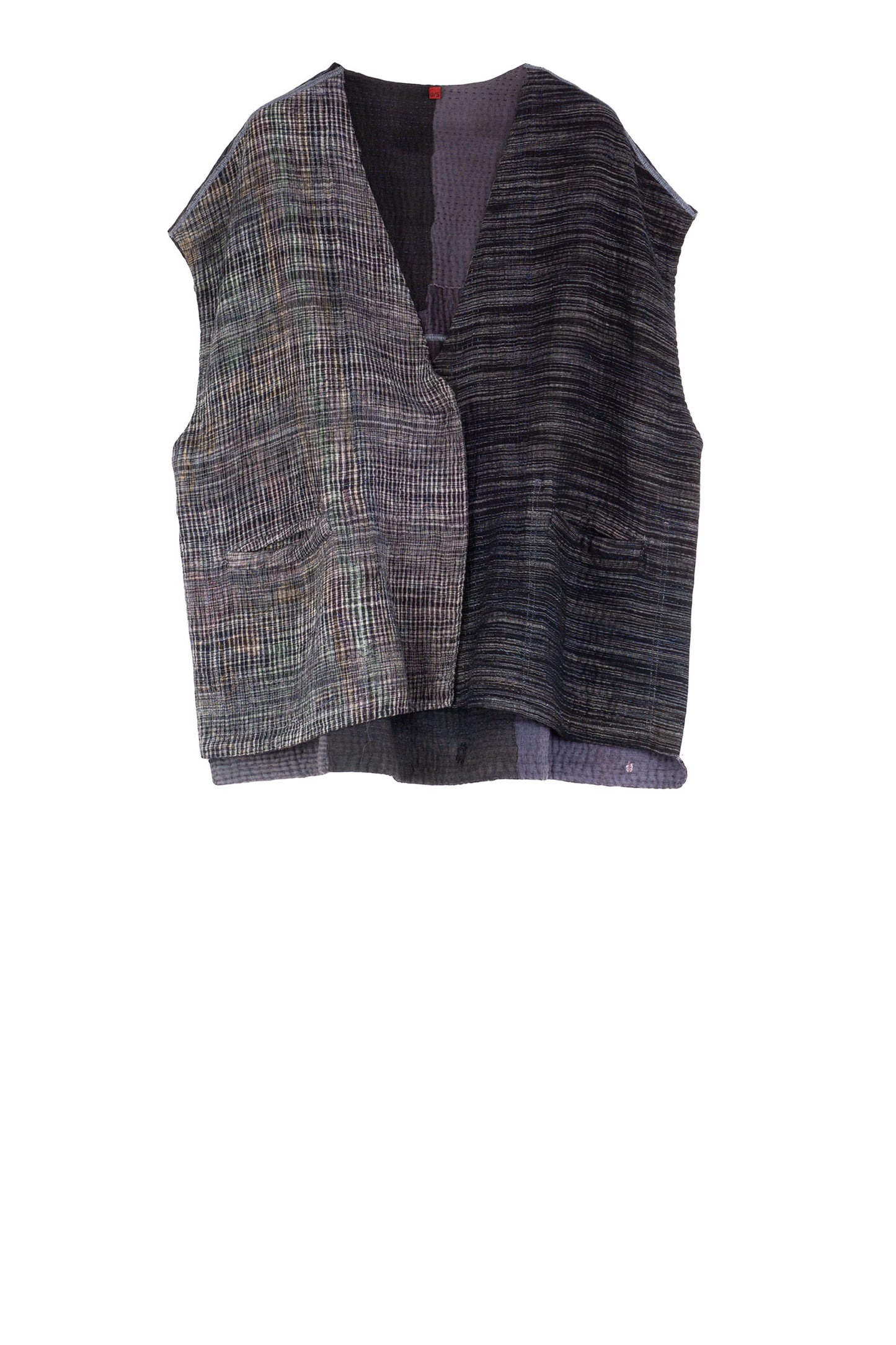 WOVEN IKAT & FRAYED PATCH KANTHA V-NECK BOXY VEST