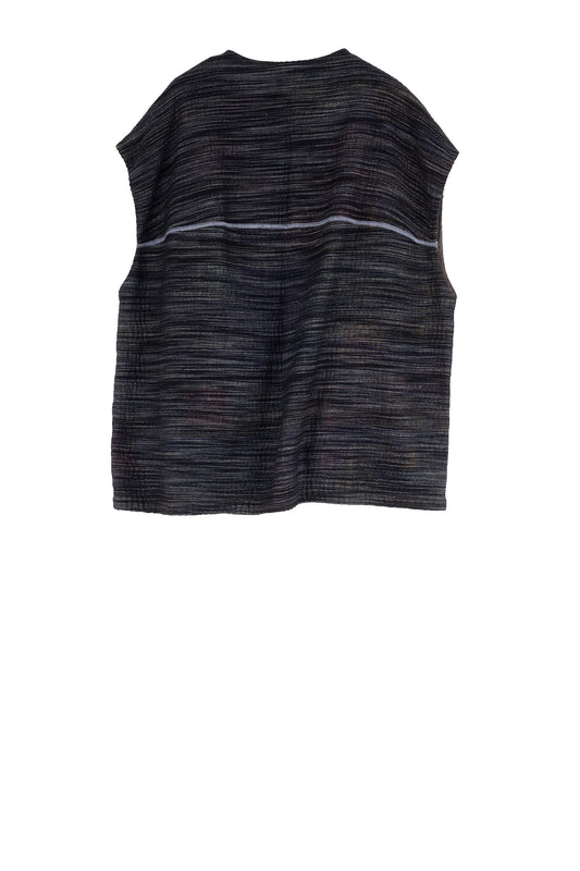 WOVEN IKAT & FRAYED PATCH KANTHA V-NECK BOXY VEST