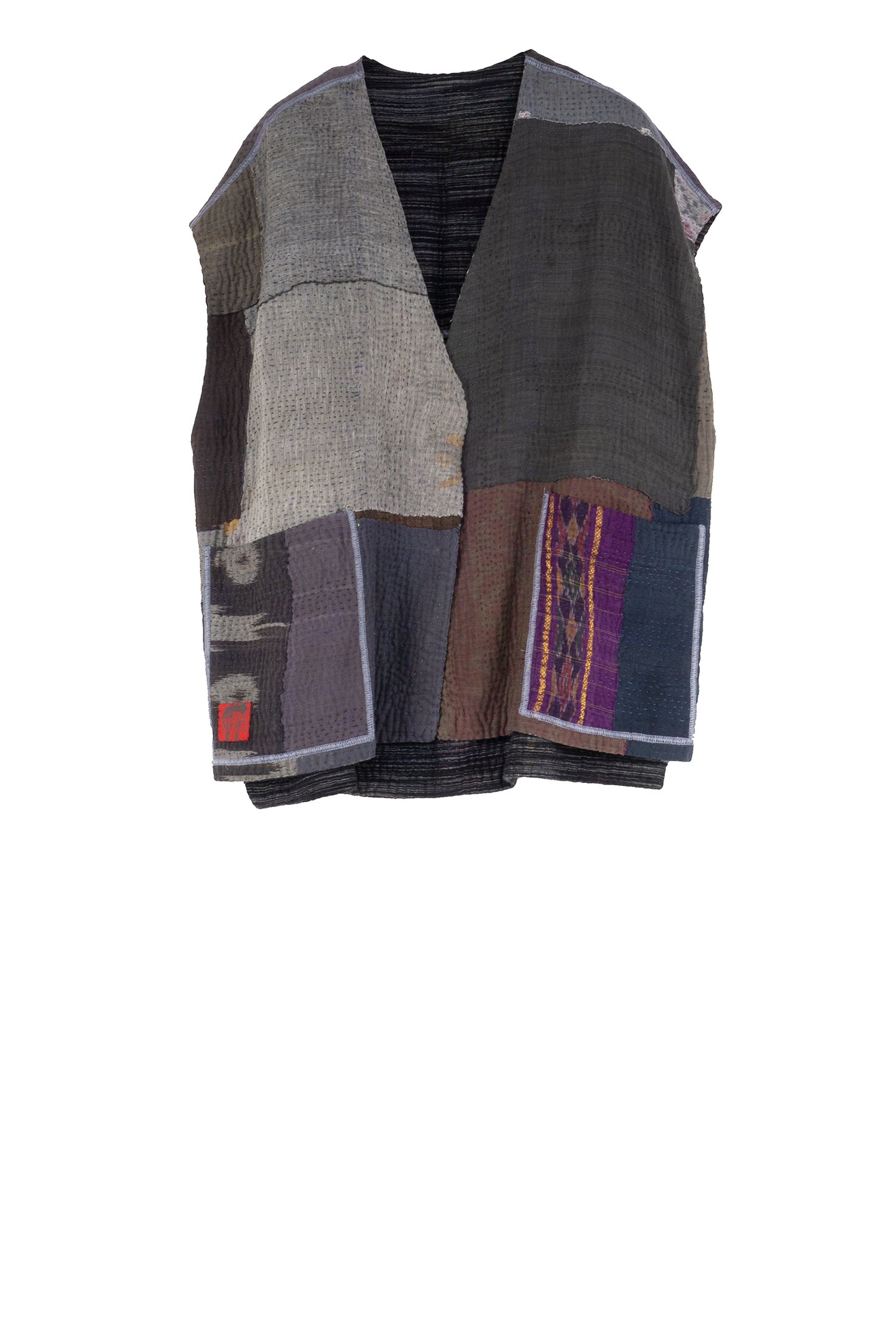 WOVEN IKAT & FRAYED PATCH KANTHA V-NECK BOXY VEST