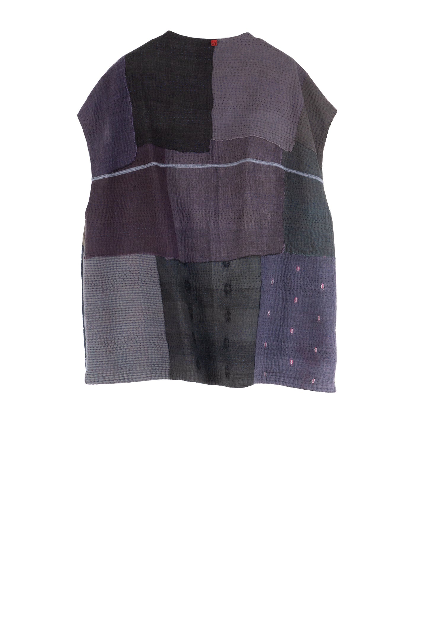 WOVEN IKAT & FRAYED PATCH KANTHA V-NECK BOXY VEST