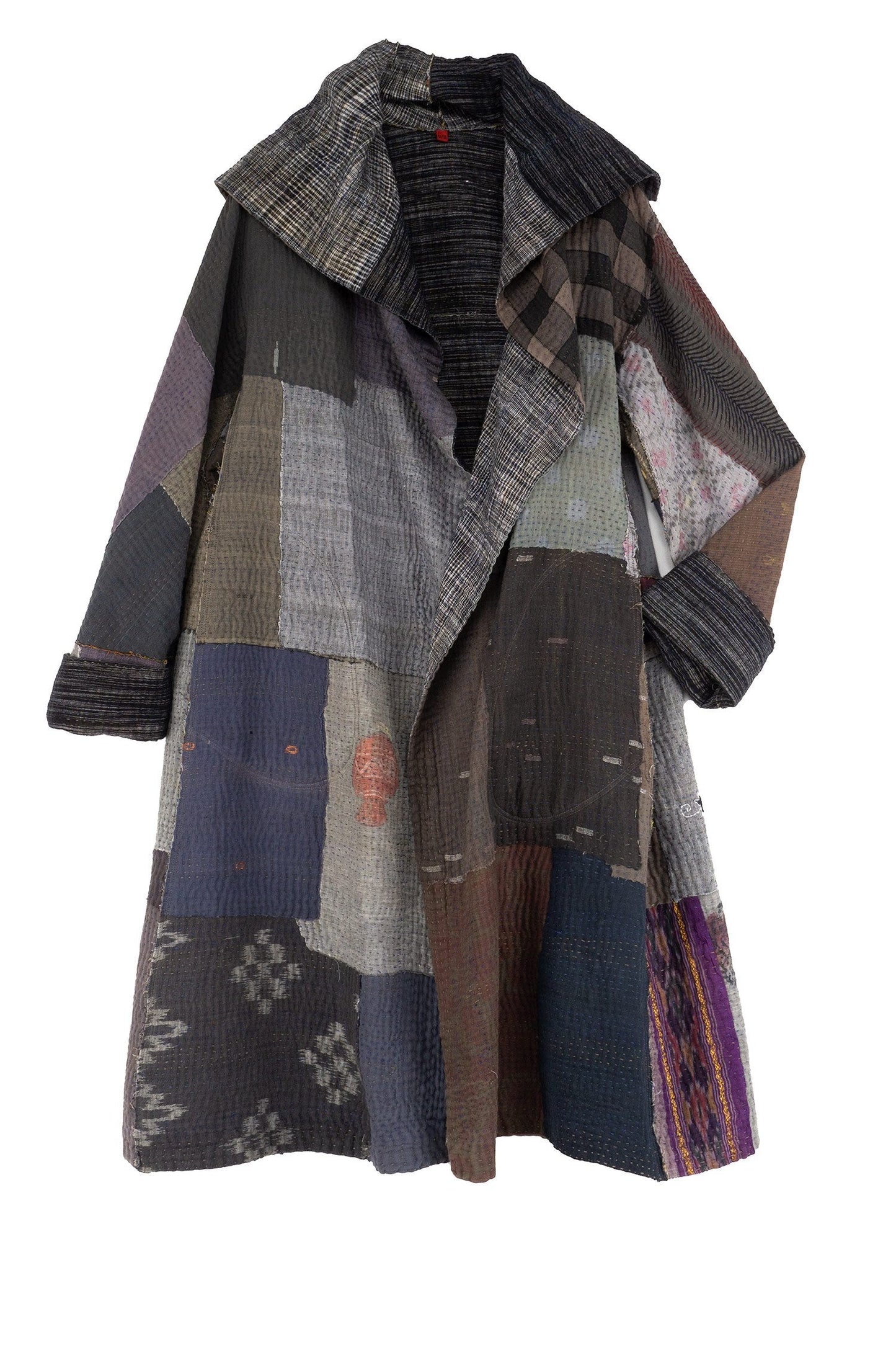 WOVEN IKAT & FRAYED PATCH KANTHA A-LINE COAT