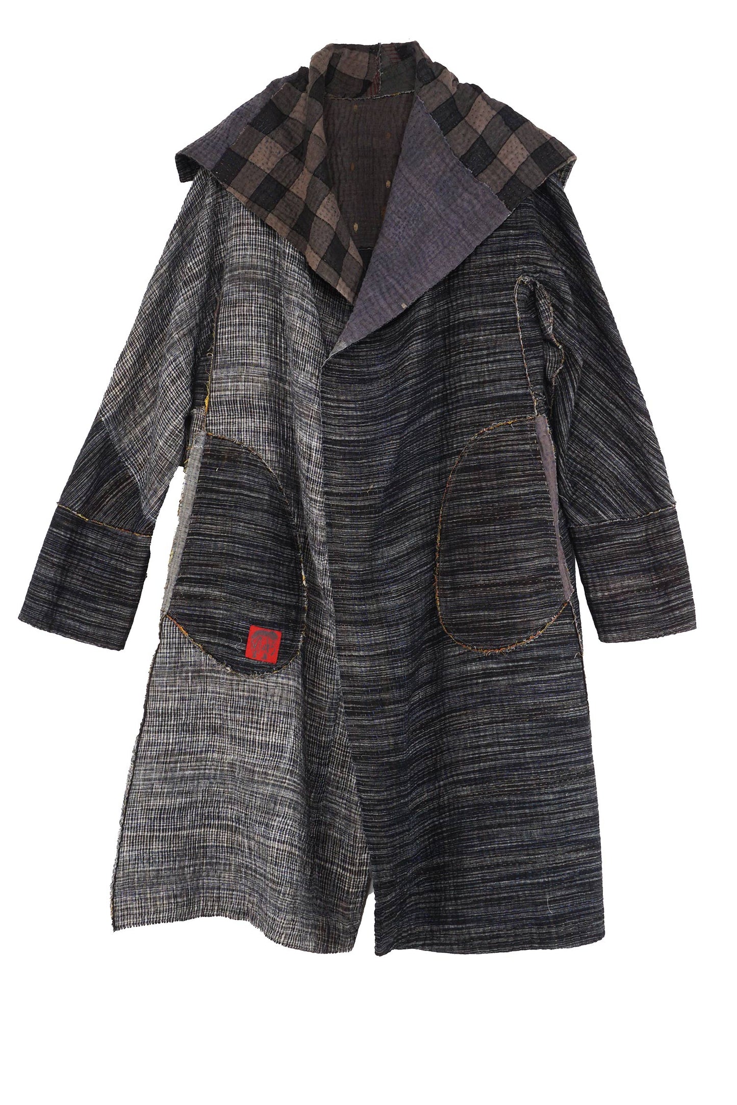 WOVEN IKAT & FRAYED PATCH KANTHA A-LINE COAT